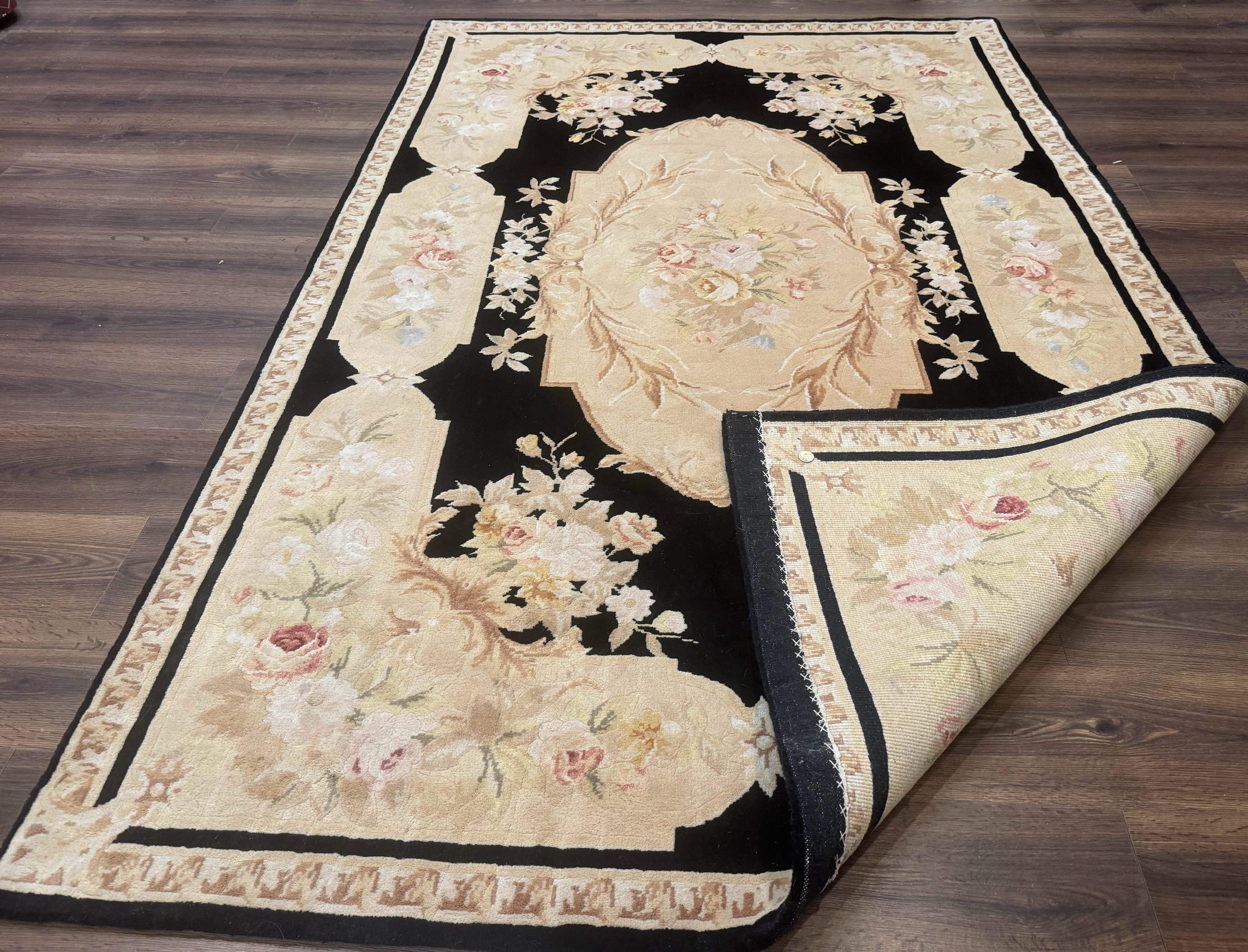 Chinese Aubusson Rug 6x9, Wool Pile, Black, Floral, Elegant - Jewel Rugs