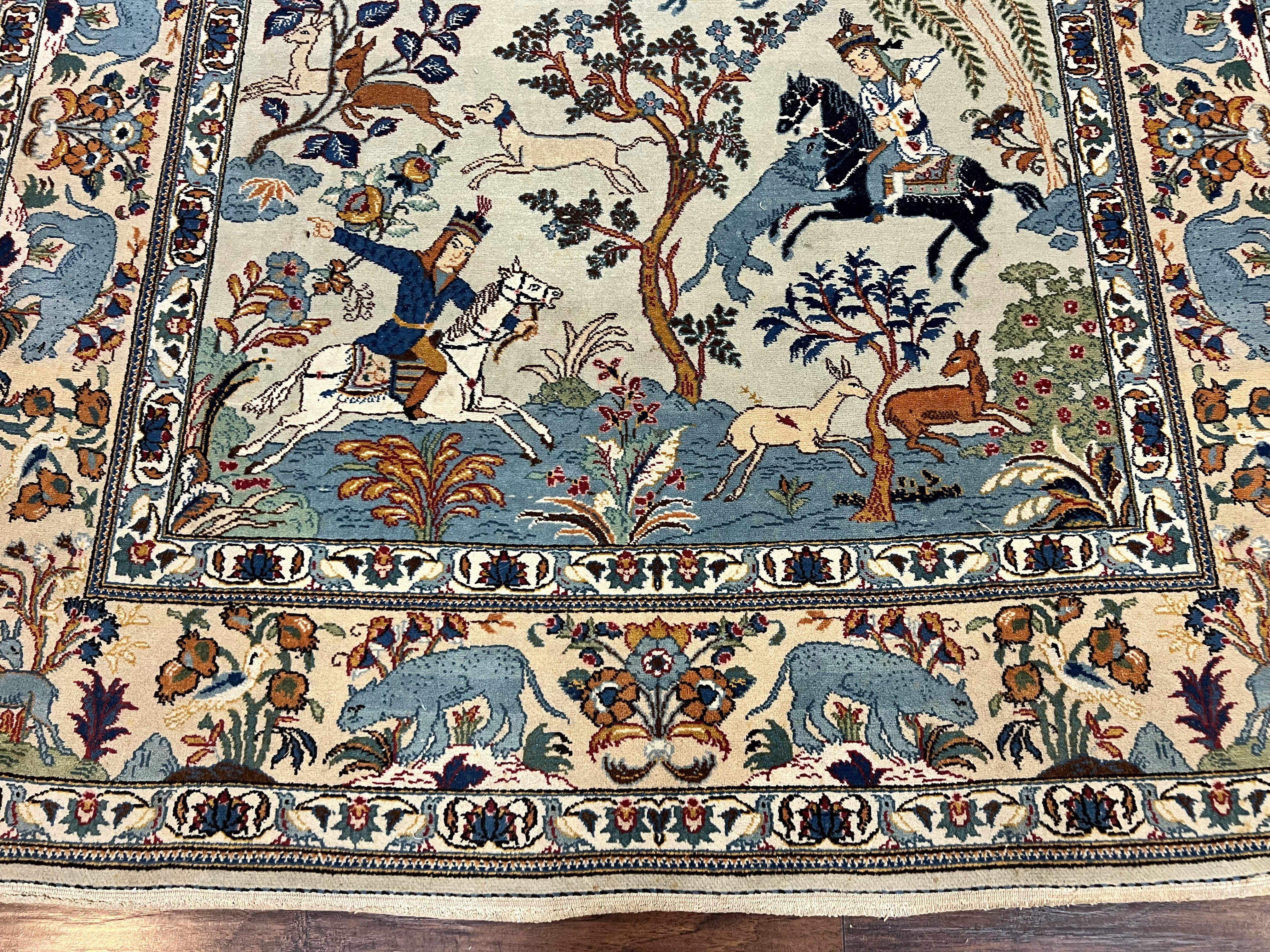 Persian Kashan Pictorial Rug 4.6 x 7, Hunting Scene, SIgned by Masterweaver, Animal Pictorials, Rare, Handmade, Wool, Vintage, Very Fine - Jewel Rugs