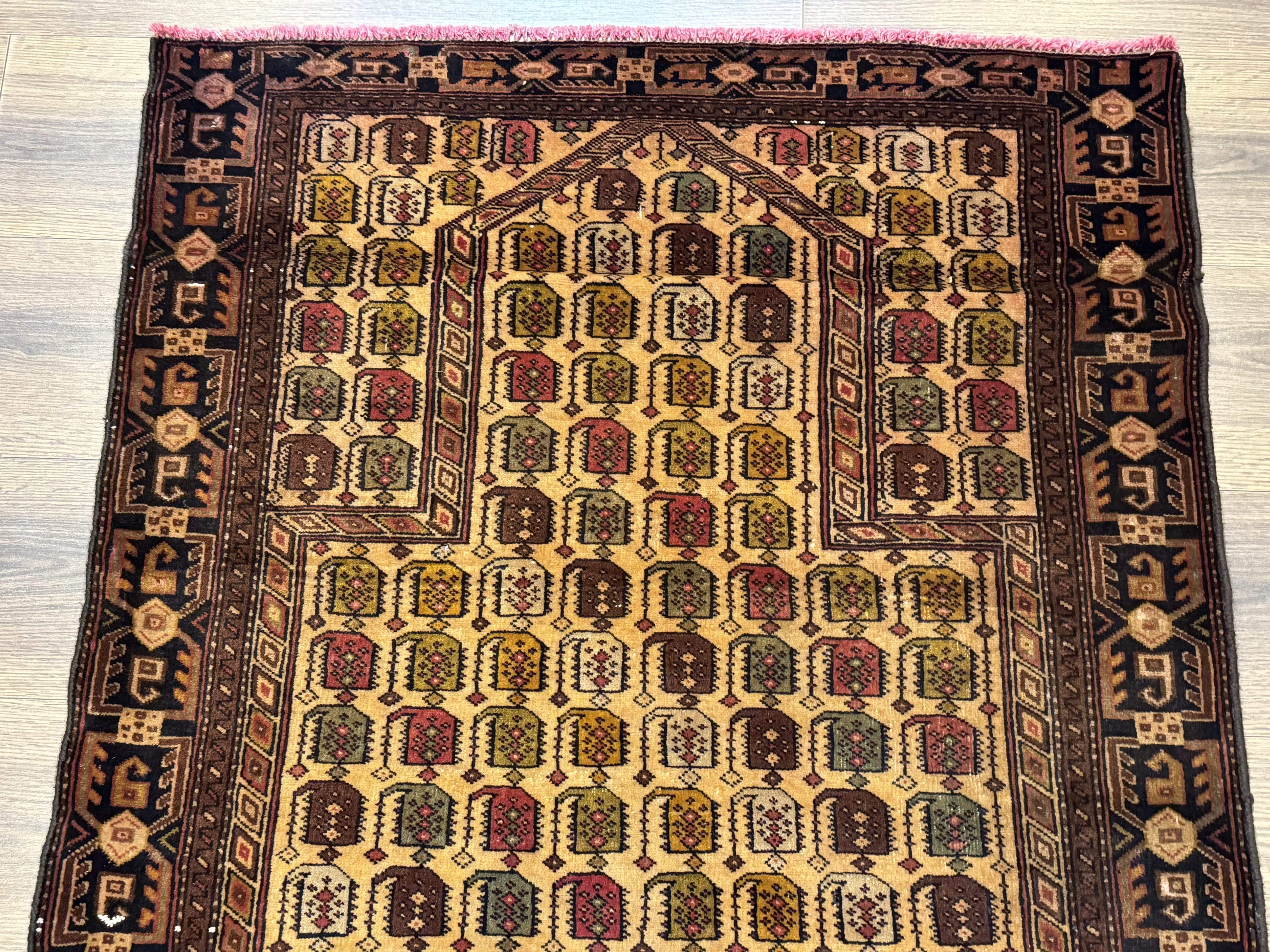 Persian Baluchi Prayer Rug 3x5 – Repeated Boteh Design, Golden-Tan, Handmade Wool Carpet - Jewel Rugs