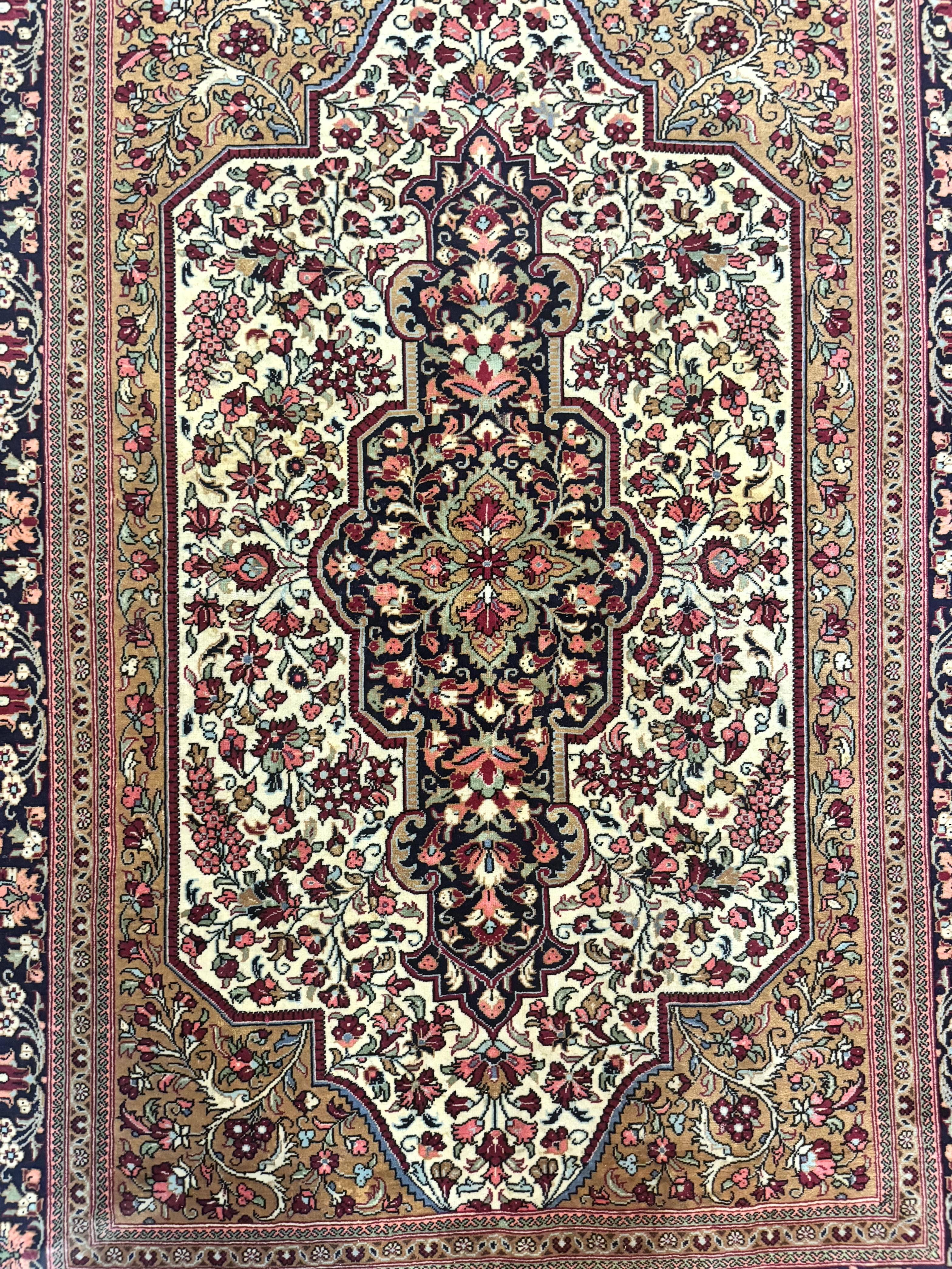 Persian Qum Rug 3.6 x 5, Kork Wool, Very Finely Hand Knotted 325 KPSI, Rare, Semi Antique - Jewel Rugs