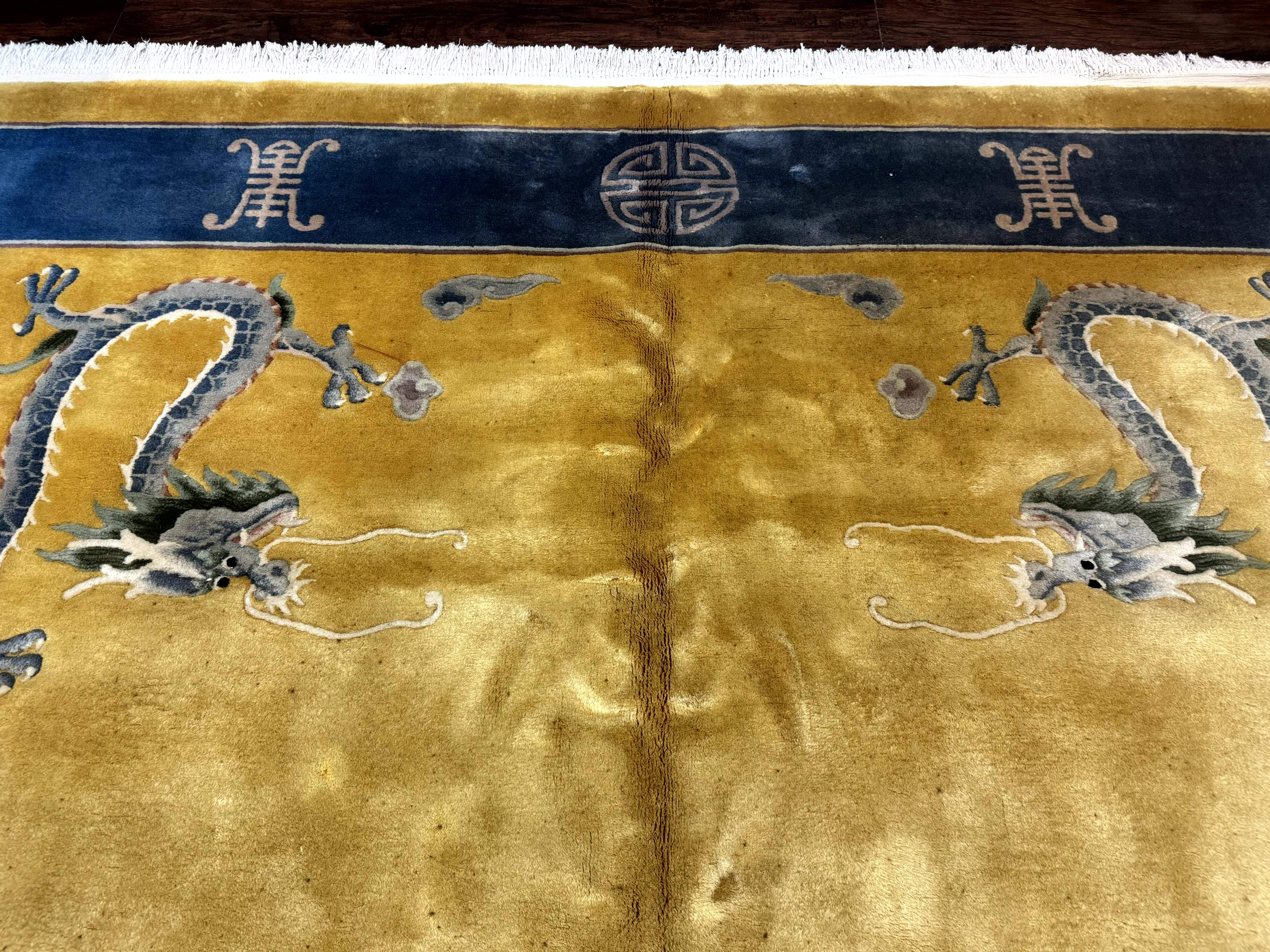 Chinese Wool Rug 9x12, Dragons and Center Medallion, Minimalistic Design, Gold and Light Blue, Peking Rug, 90 Line - Jewel Rugs