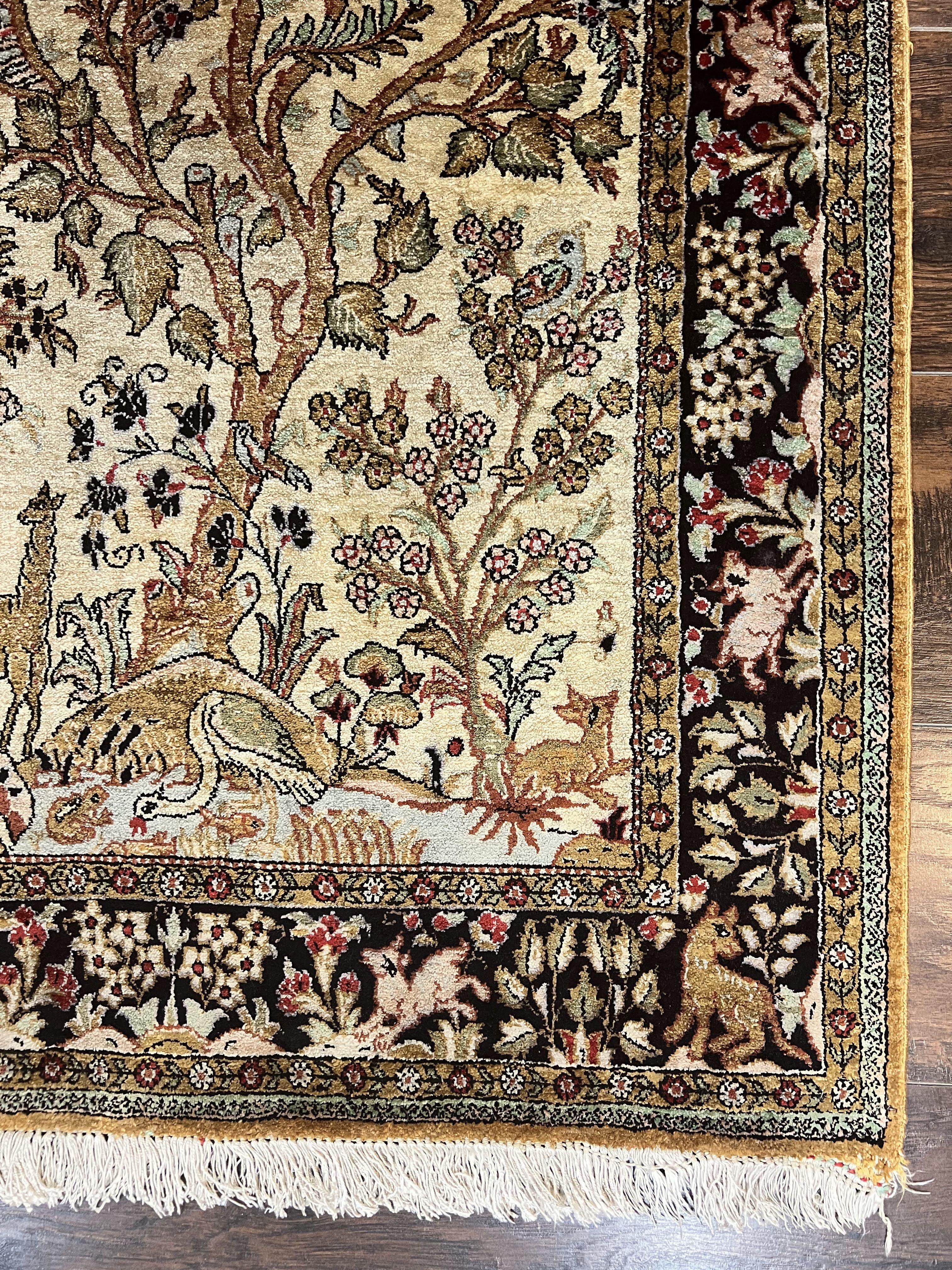 Silk Tree of Life Persian Qum Rug 3x4, Hand Knotted Vintage Carpet, Cream & Black, Very Fine Oriental Rug, Animal Pictorials, Birds - Jewel Rugs