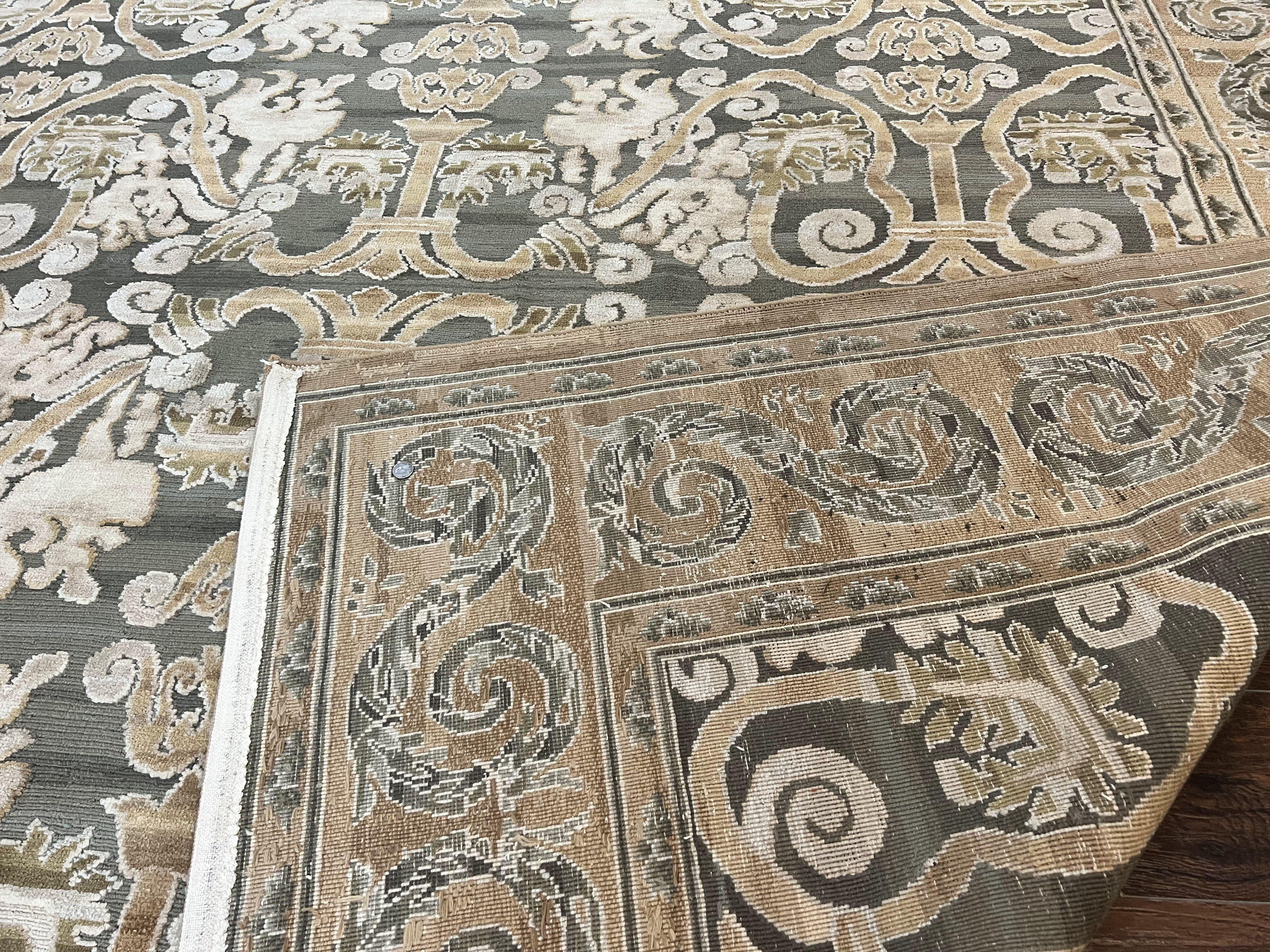 Spanish Rug 11x14, Wool Hand Knotted Vintage Carpet, Olive Green and Beige, Floral Allover, European Design, 11 x 14 Rug - Jewel Rugs