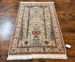 Pak Perisan Prayer Rug 4x6, Tree of LIfe Carpet, Handmade Vintage Wool Rug, Beige, Floral Vases