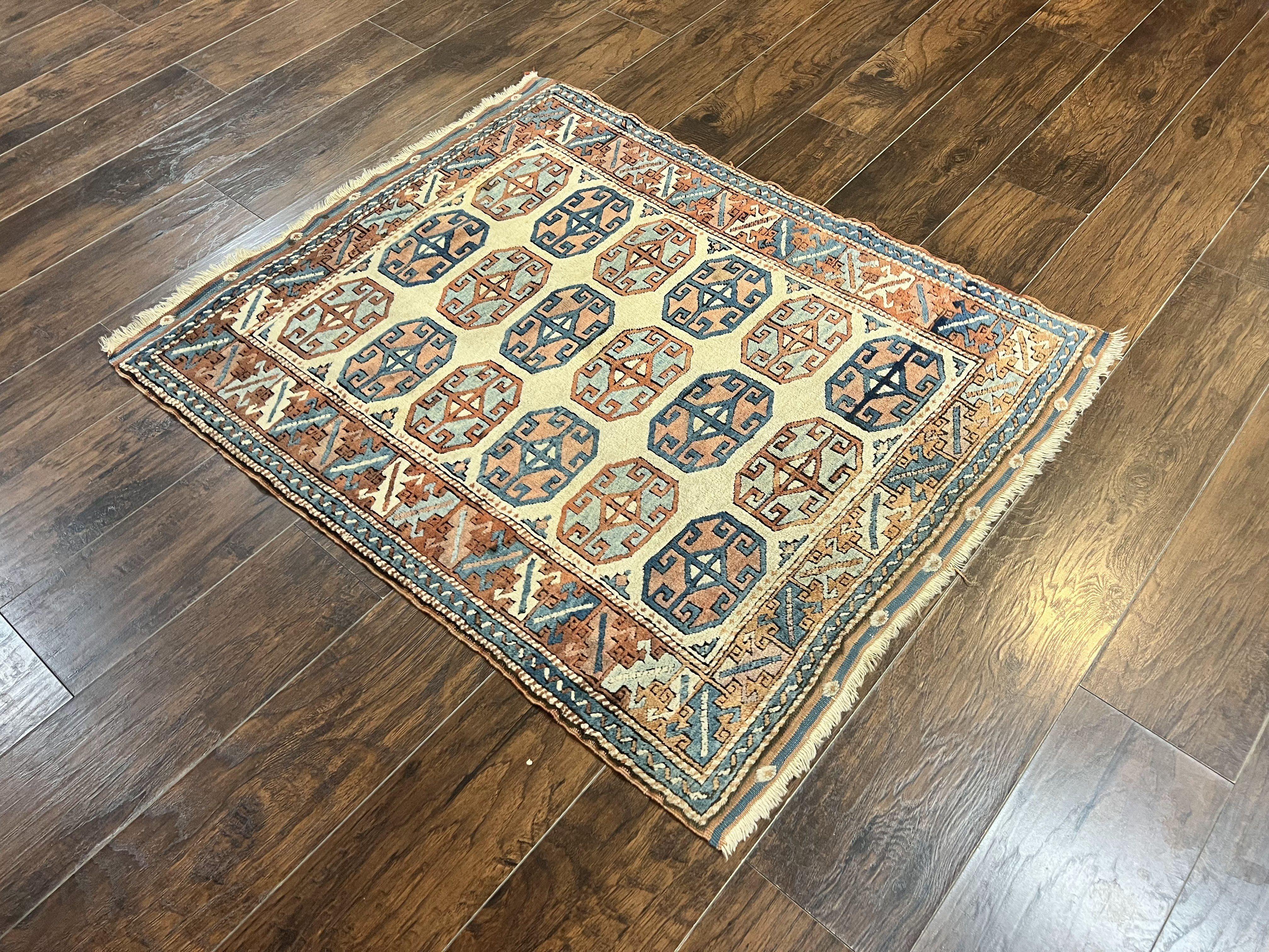 Turkish Kazak Rug 3x4, Wool Hand Knotted Handmade Vintage Carpet, Geometric Tribal Repeated Motif, Small 3 x 4 Antique Rug, Cream Red - Jewel Rugs