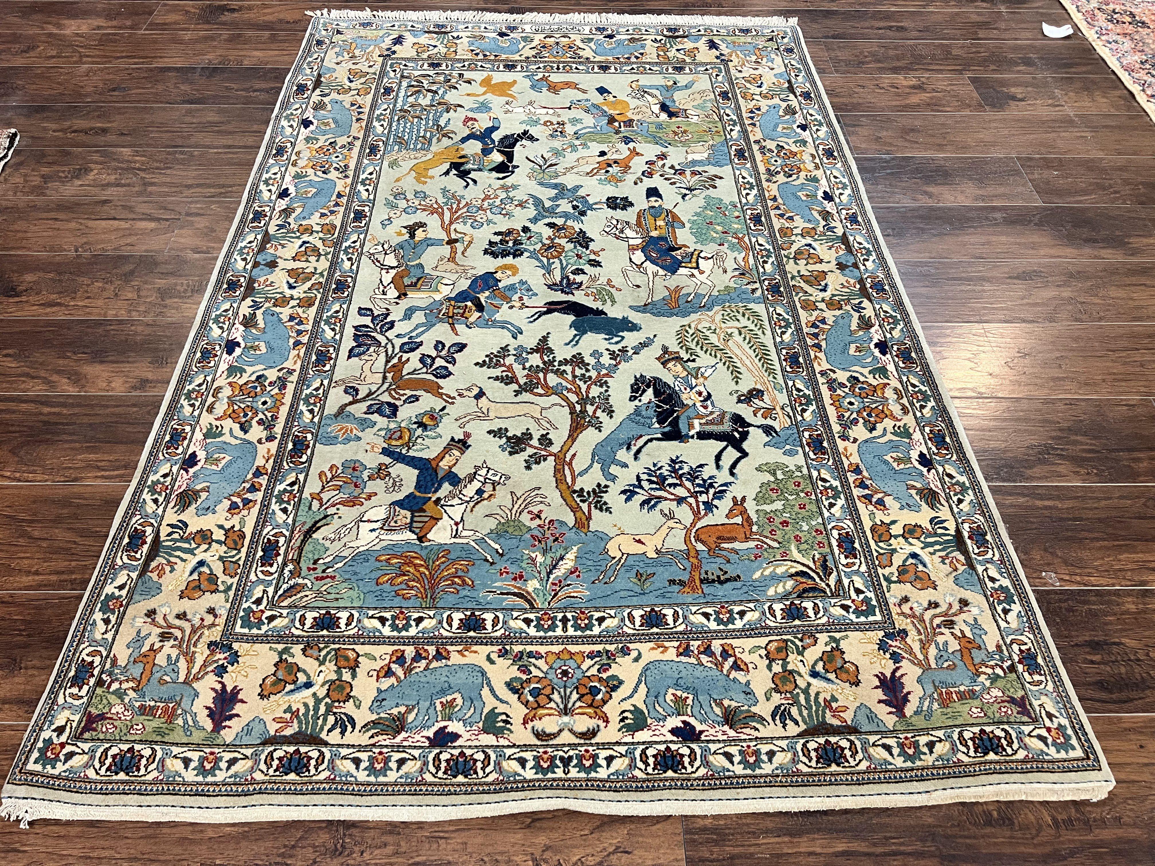 Persian Kashan Pictorial Rug 4.6 x 7, Hunting Scene, SIgned by Masterweaver, Animal Pictorials, Rare, Handmade, Wool, Vintage, Very Fine - Jewel Rugs