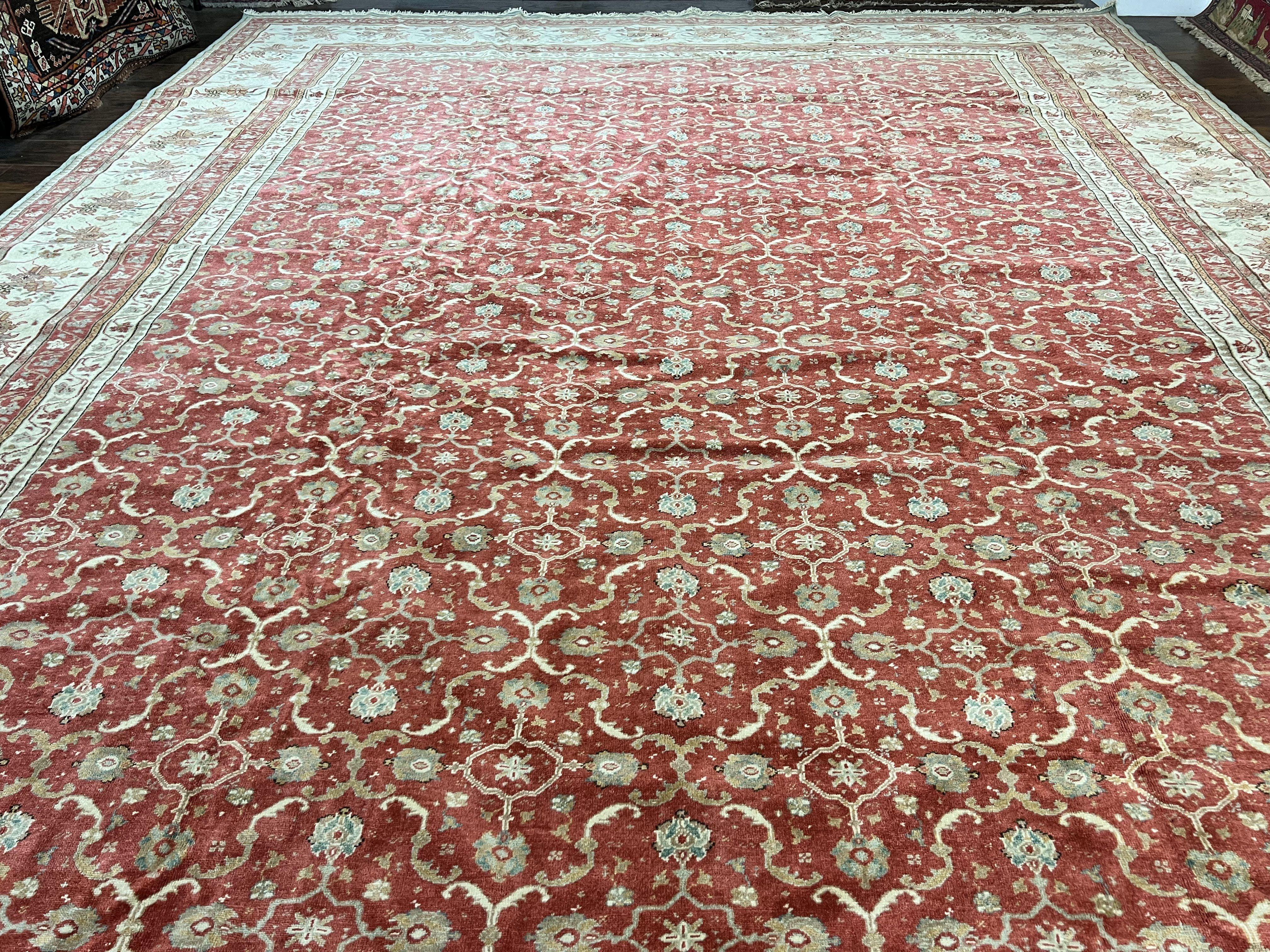 Turkish Oushak Rug 12x18, Wool Hand Knotted Vintage Carpet, Red & Oatmeal, 12 x 18 Palace SIze Handmade Oriental Rug - Jewel Rugs