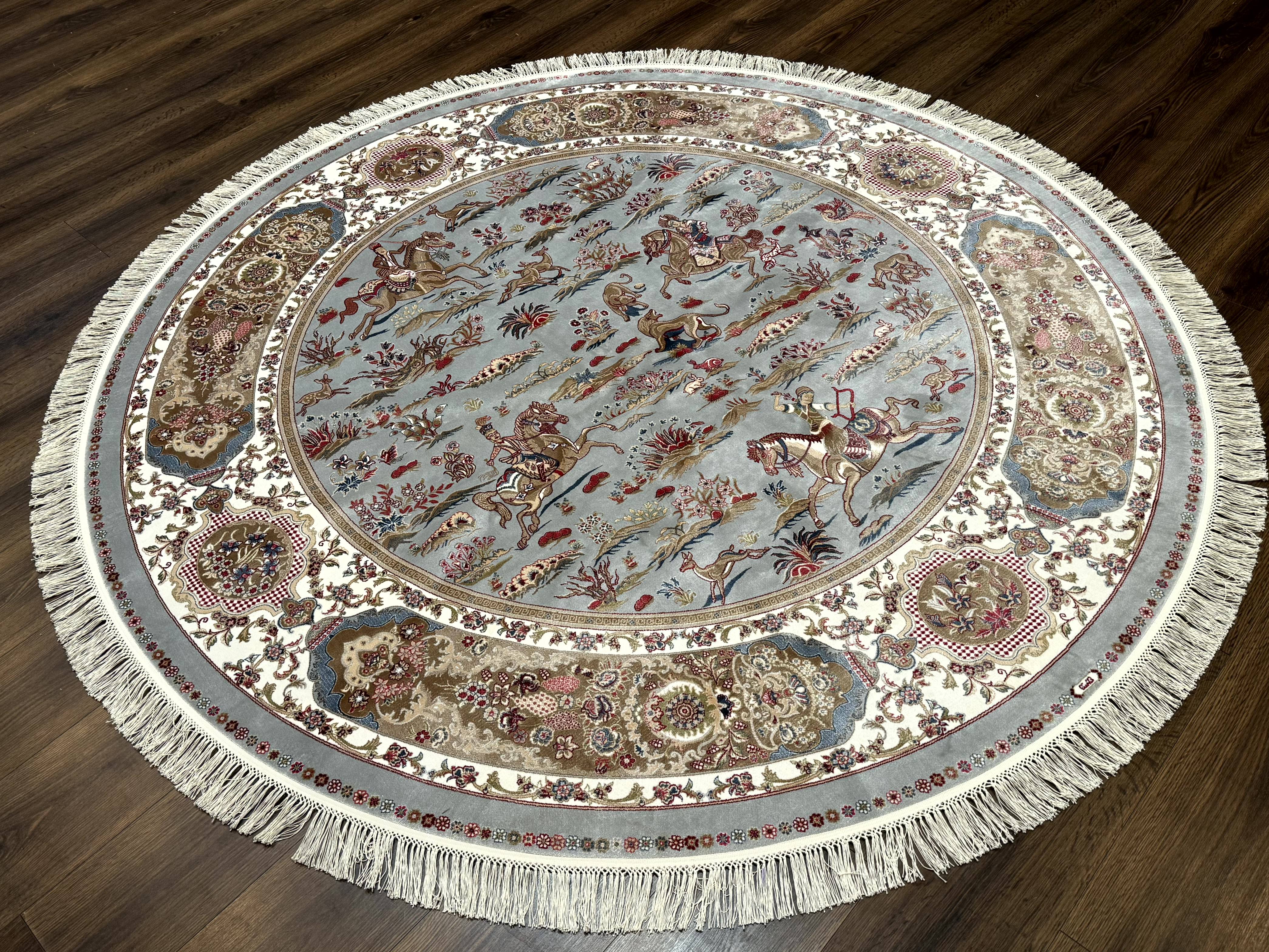 Round Silk Rug 6x6, Hunting Design, Bamboo Silk, Animal Pictorials - Jewel Rugs