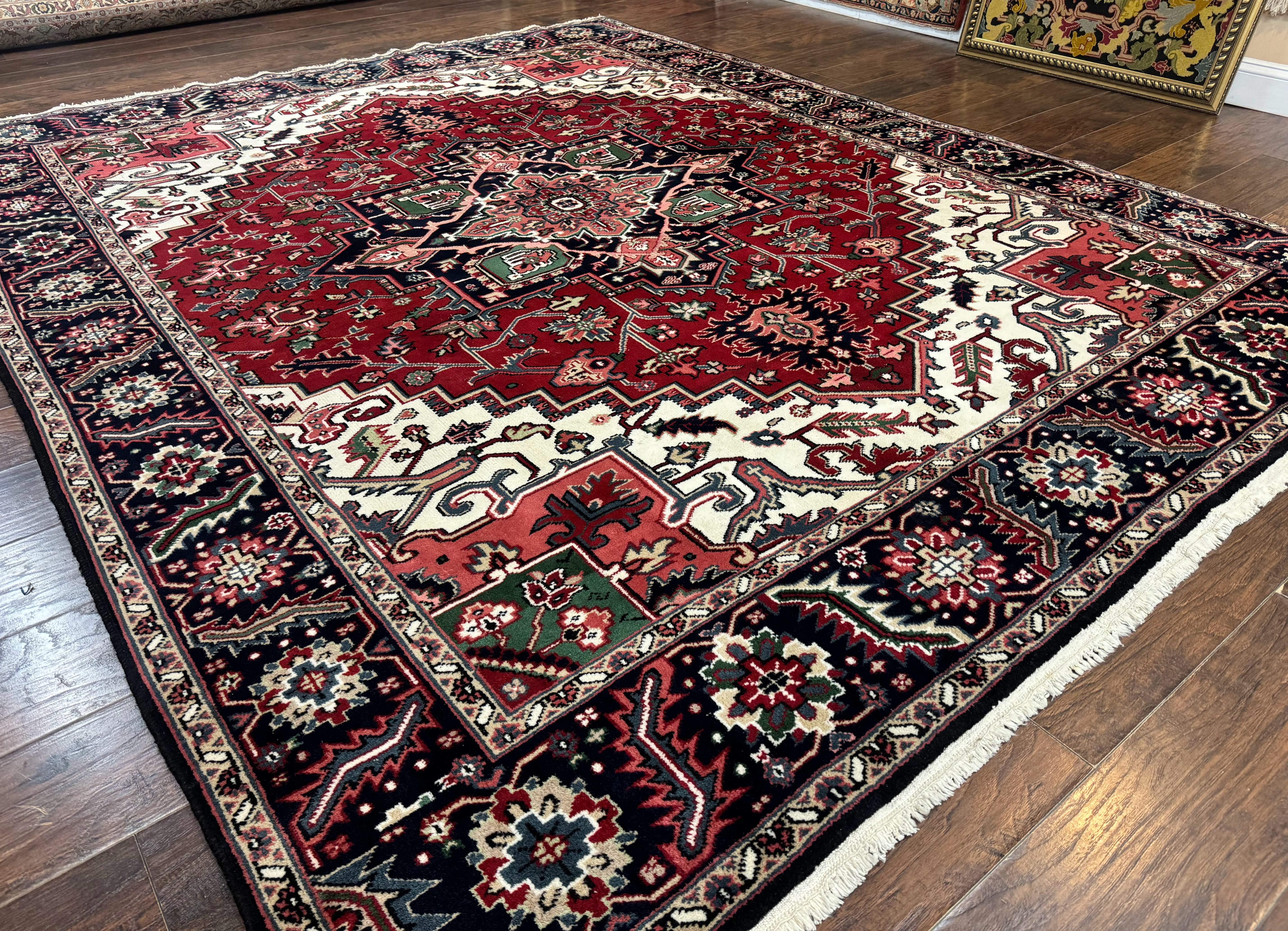 Indo Persian Heriz Rug 8x10, Geometric Medallion, Brick Red Ivory Navy Blue, Room Sized Heriz Carpet, Wool Rug - Jewel Rugs