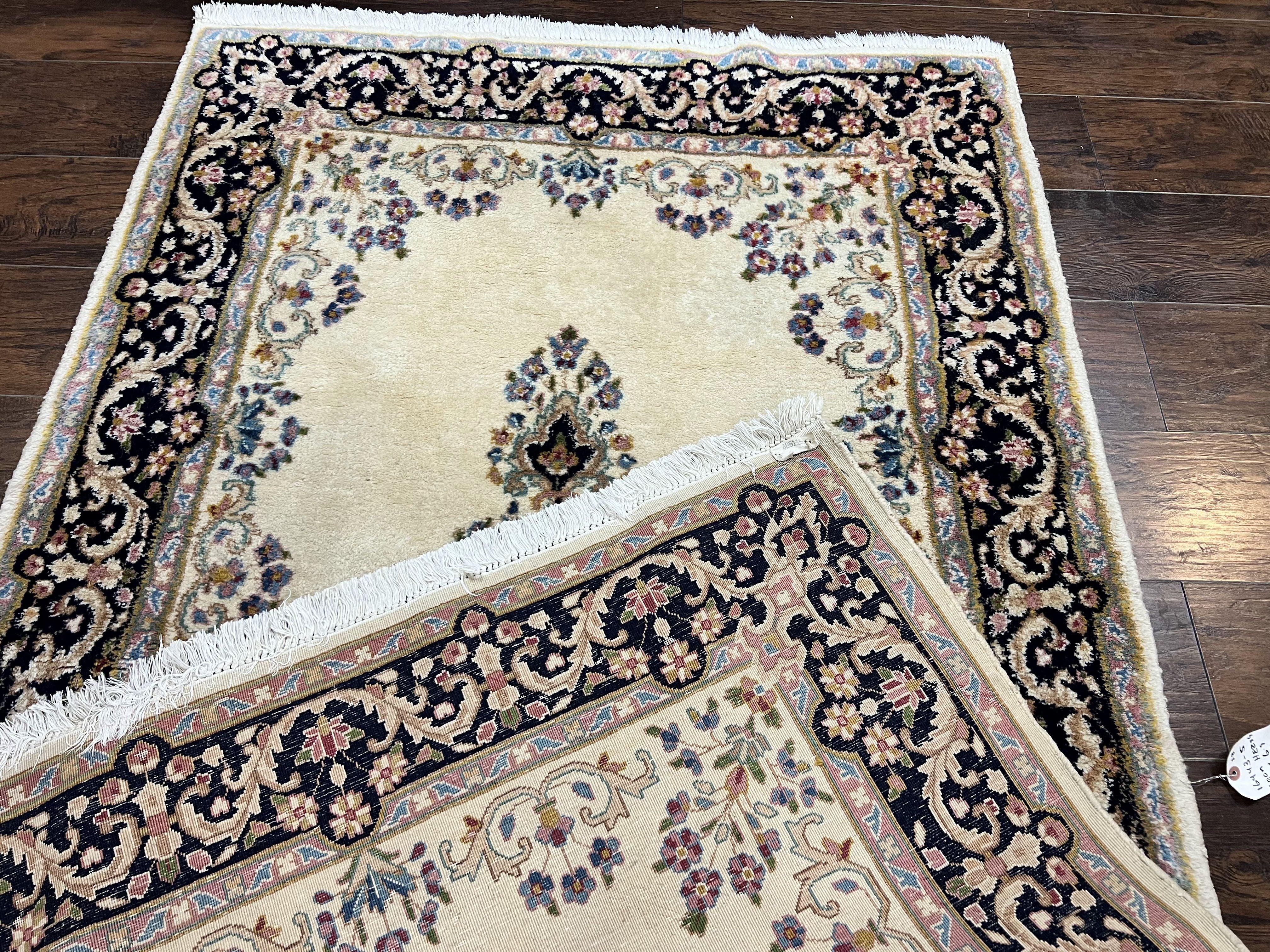 Persian Kirman Rug 4x7, Wool Hand Knotted Antique Carpet, Beige, Semi Open Field Medallion Rug, Traditional Handmade Oriental Rug - Jewel Rugs
