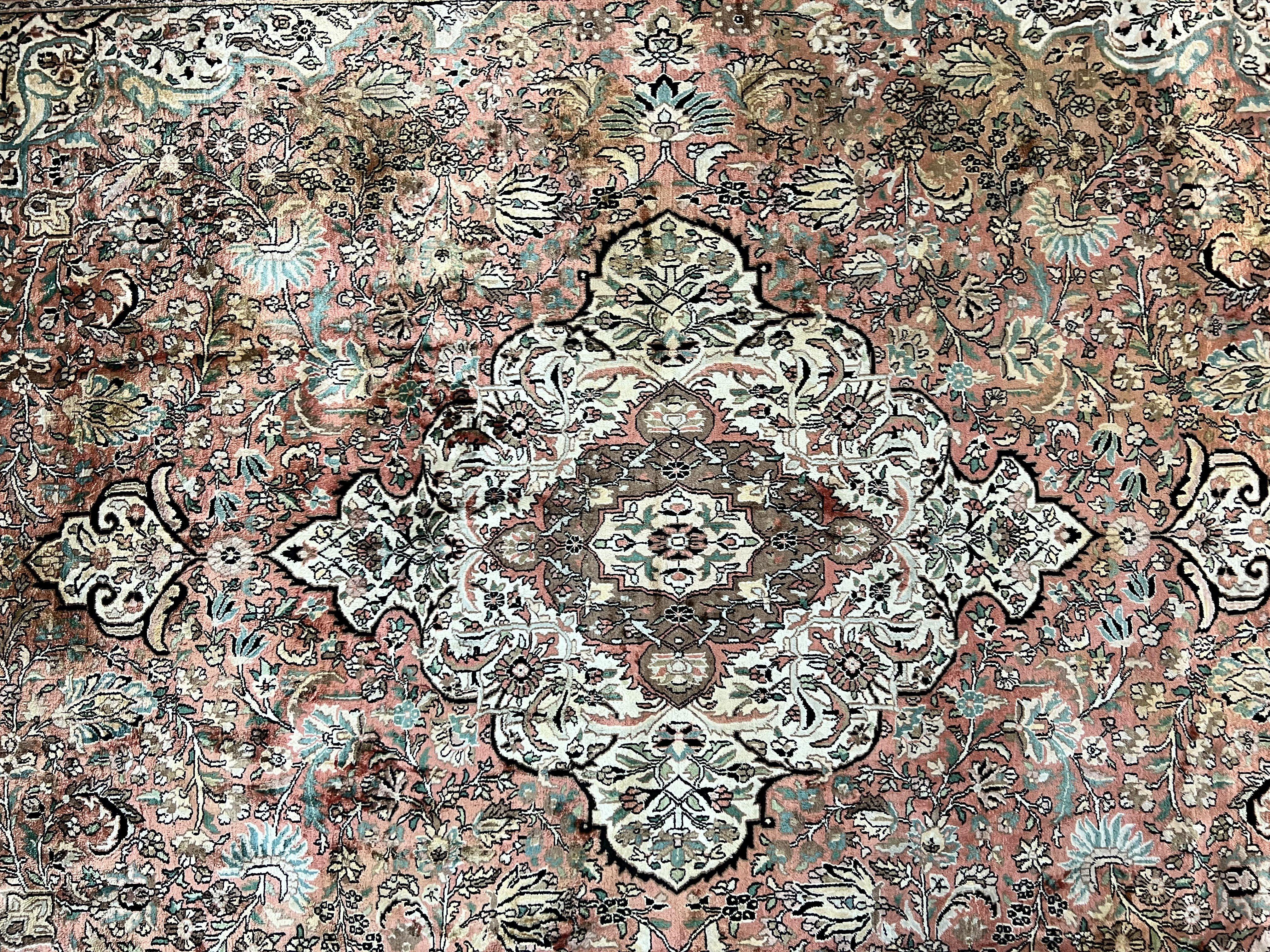 Indian Kashmiri Silk Rug 9x12, Vintage Rug 9 x 12 ft, Salmon Ivory Black Hand-Knotted Silk on Cotton Oriental Floral Carpet, Traditional Rug - Jewel Rugs