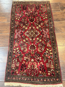 Small Persian Sarouk Rug 2x4, Floral, Red Hand Knotted Wool Traditional Oriental Carpet, Antique Persian Rug 2 x 4