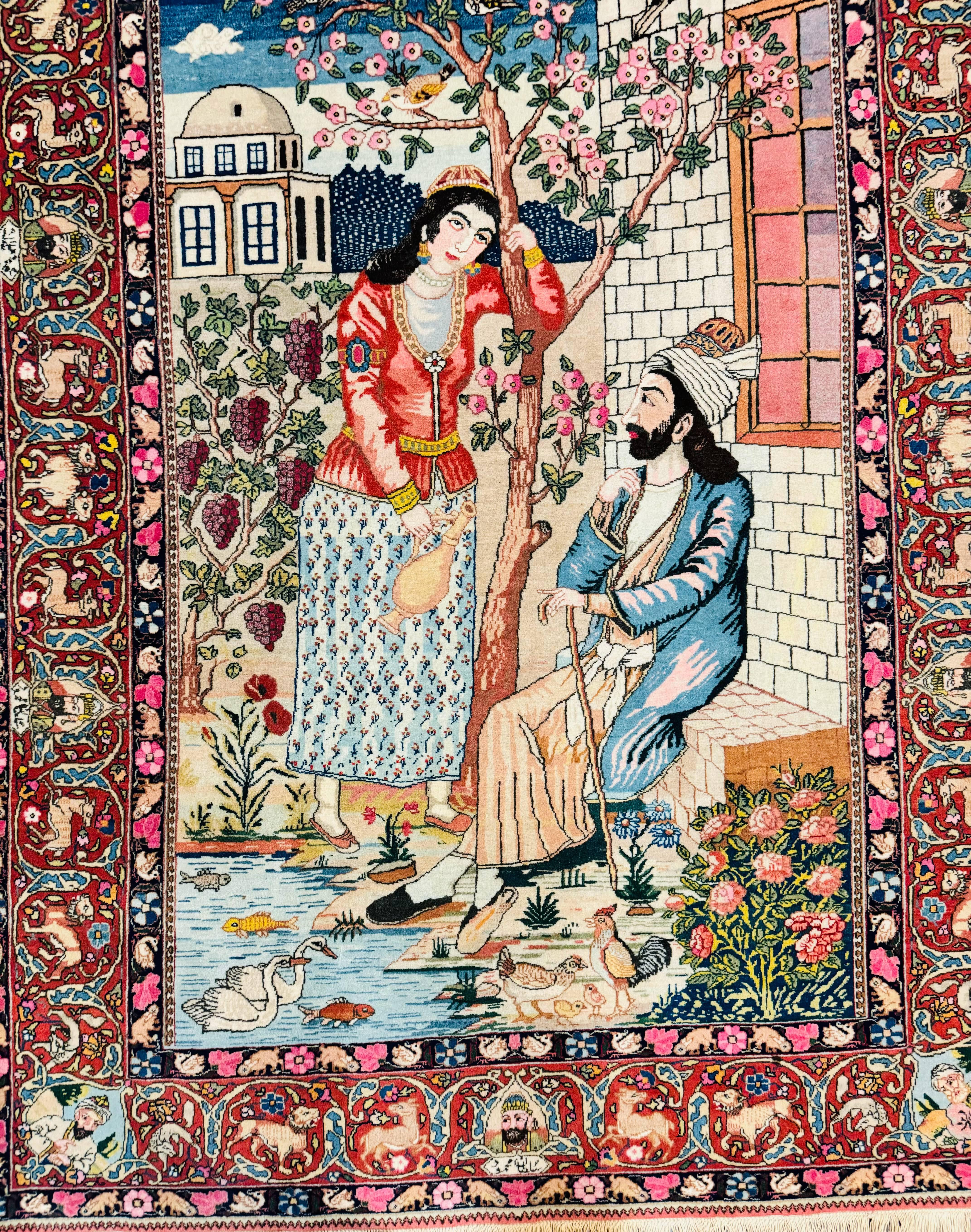 Wonderful Persian Kashan Pictorial Rug 4.7 x 6.5, Persian Rug for Wall Hanging, Handmade Antique Wool Carpet Animal Motifs Poetry Lovers, 240 KPSI - Jewel Rugs