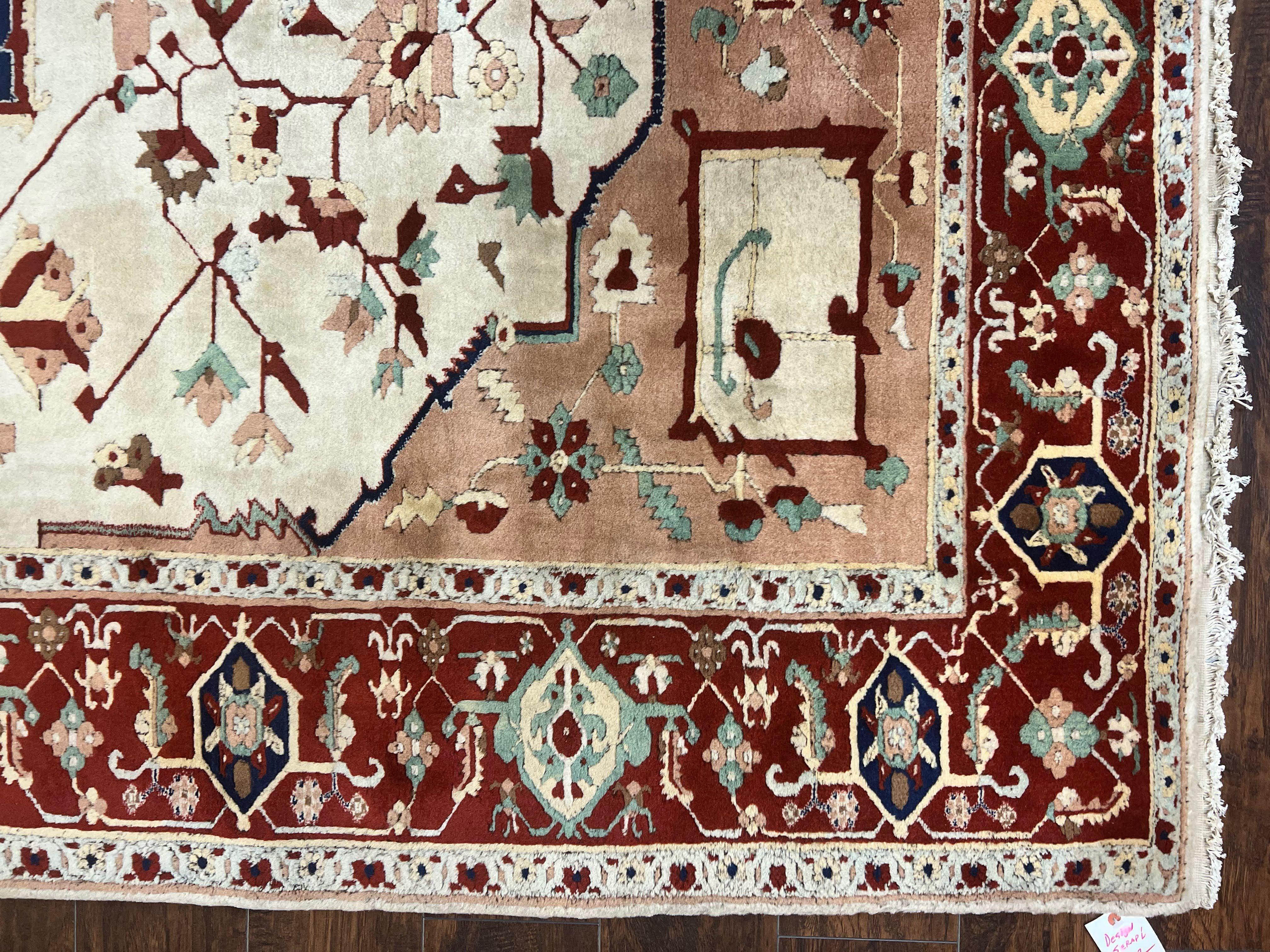 Indo Heriz Rug 9x12, Geometric Indo Persian Room Sized Decorative Area Rug 9 x 12 ft, Cream Navy Blue Pink Handmade Vintage Wool Carpet - Jewel Rugs