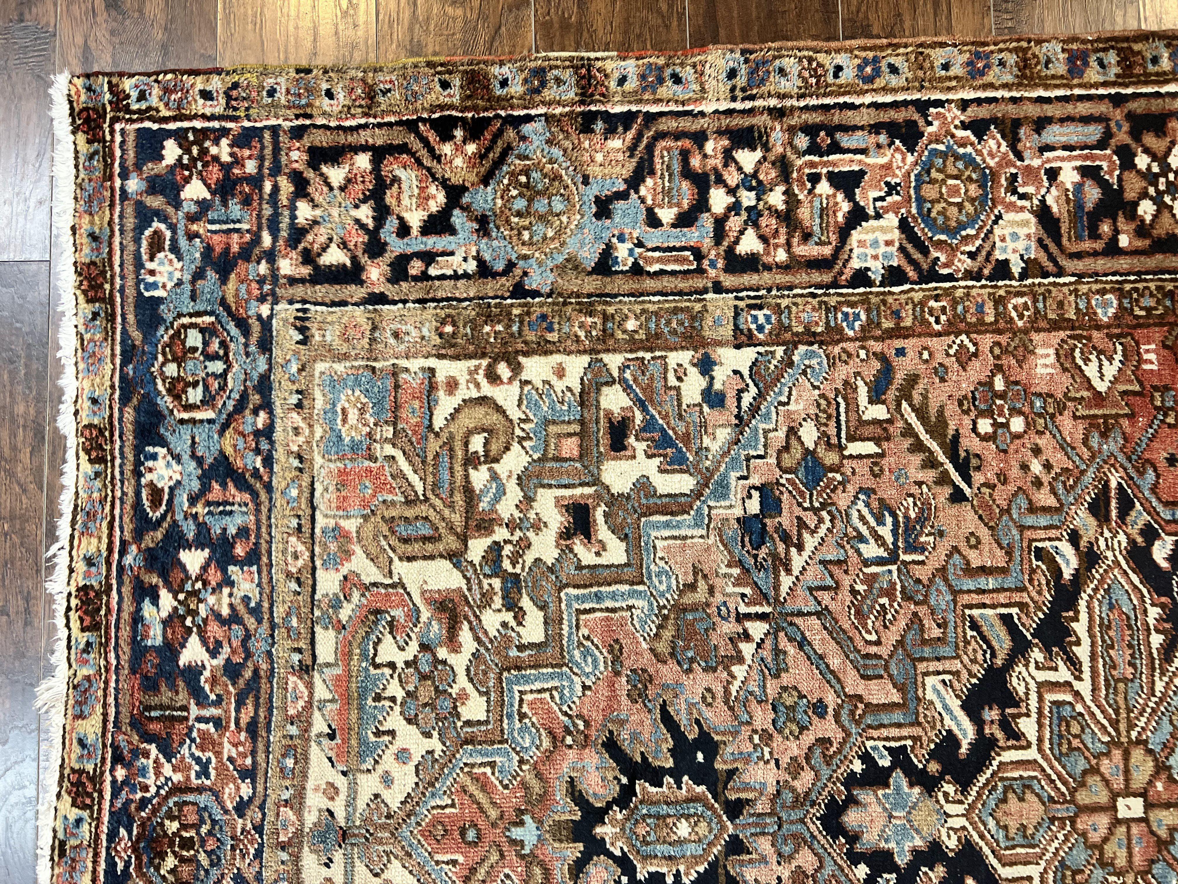 Antique Persian Heriz Rug 6x8, Geometric Medallion, 1920s Oriental Carpet, Handmade Wool Rug - Jewel Rugs