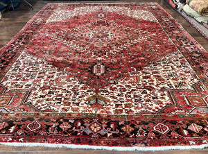 Large Persian Heriz Rug 10x13, Red and Cream Geometric Tribal Room Sized Handmade Wool Hand Knotted Semi Antique Decorative Oriental Carpet
