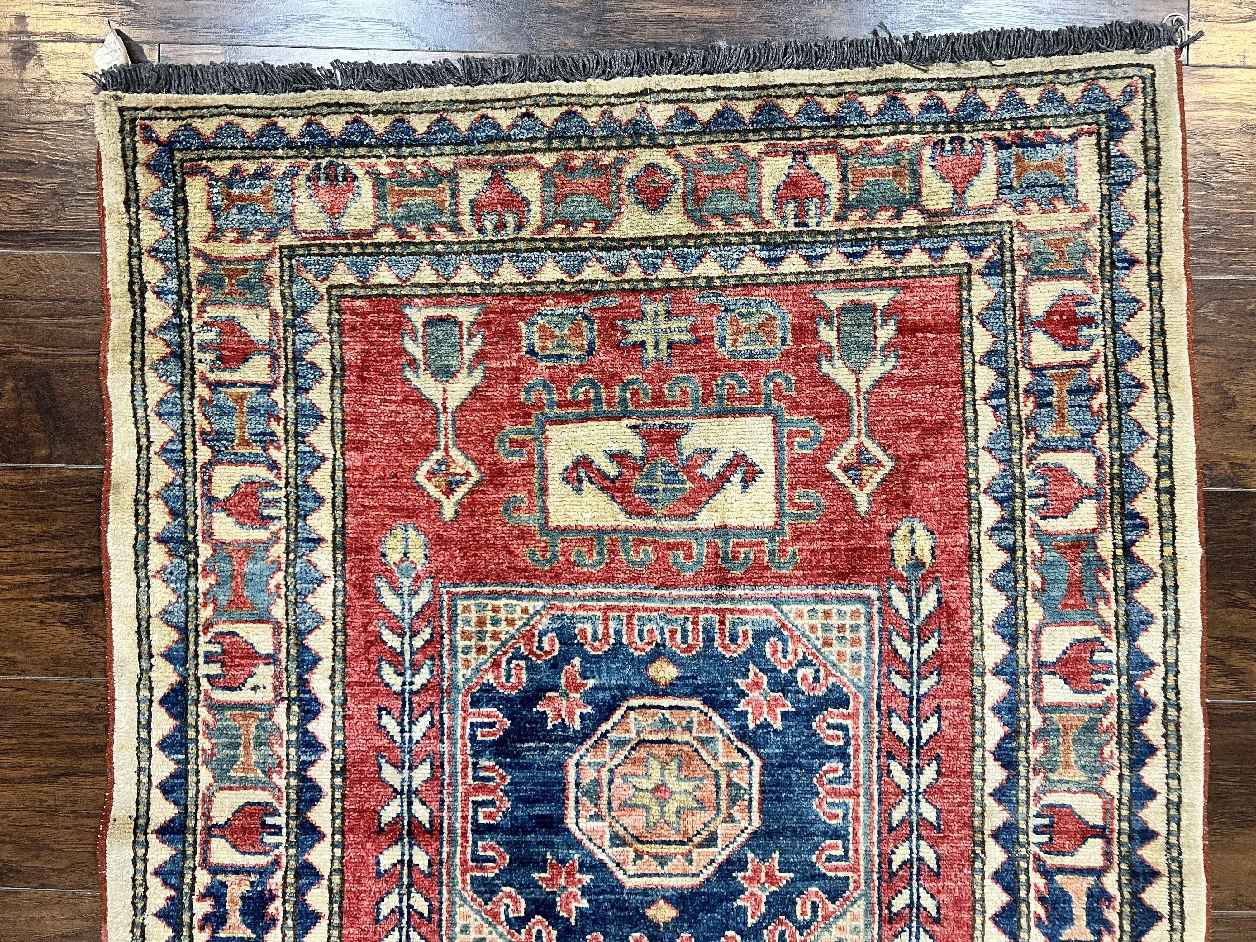Turkish Kazak Rug 3x4, Wool Hand Knotted Small Vintage Carpet, Red Navy Blue, 3 x 4 Oriental Rug, Geometric Design - Jewel Rugs