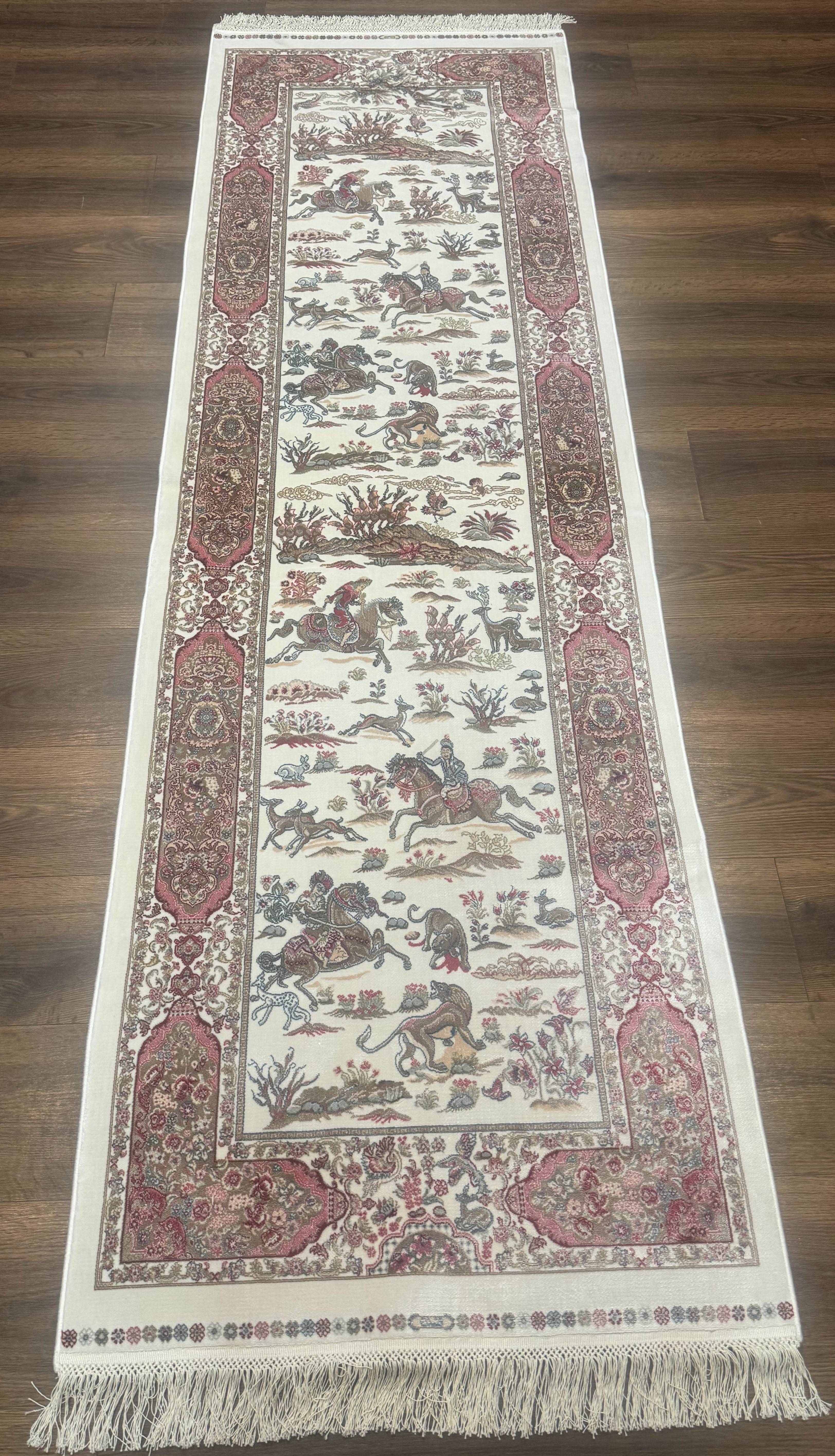 Turkish Silk Runner Rug 2.6 x 8, Hunting Design, Ivory, Bamboo Silk, New - Jewel Rugs