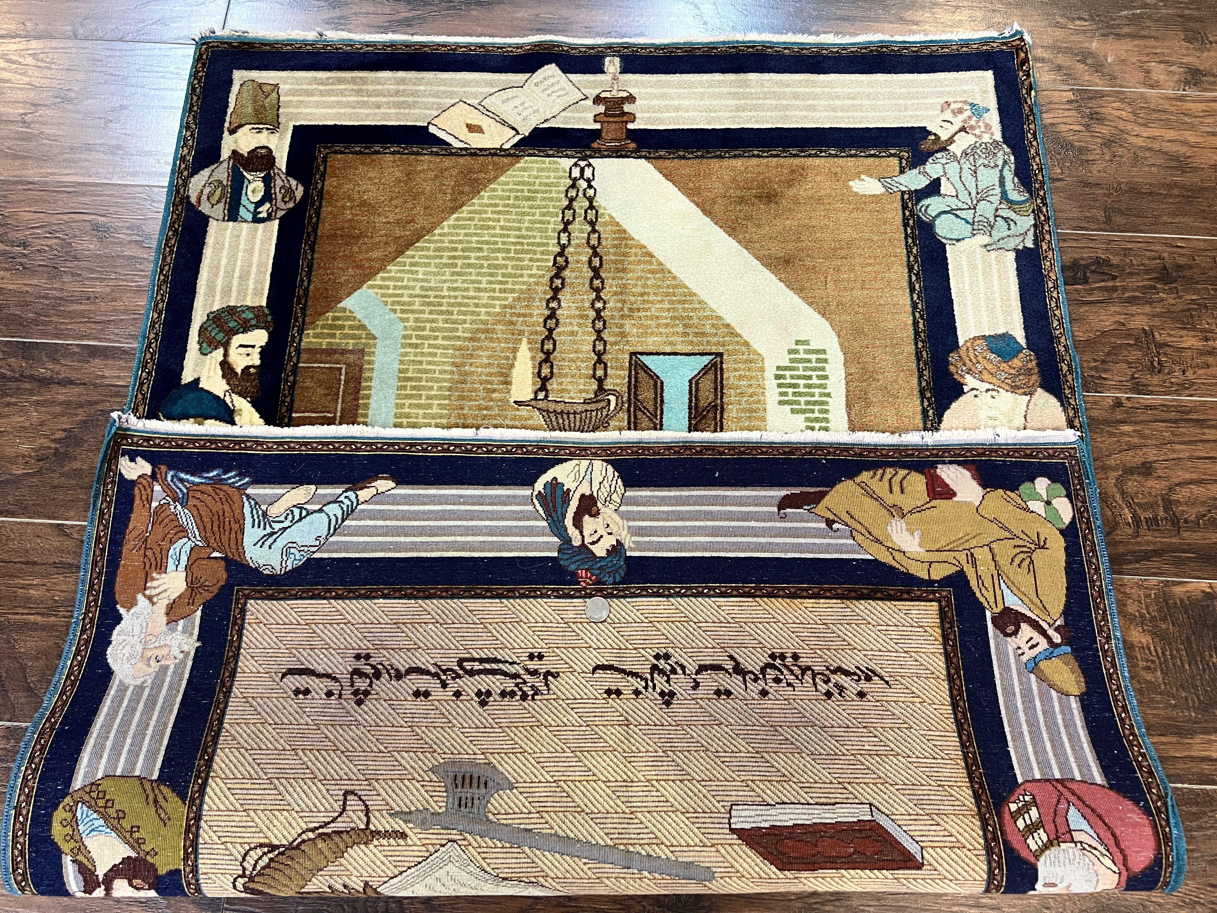 Persian Tabriz Pictorial Rug 3x5, Wall Hanging Carpet, Very Fine 60 Raj 475 KPSI, Hand Knotted Vintage Semi Antique, Wool, Persian Poetry - Jewel Rugs