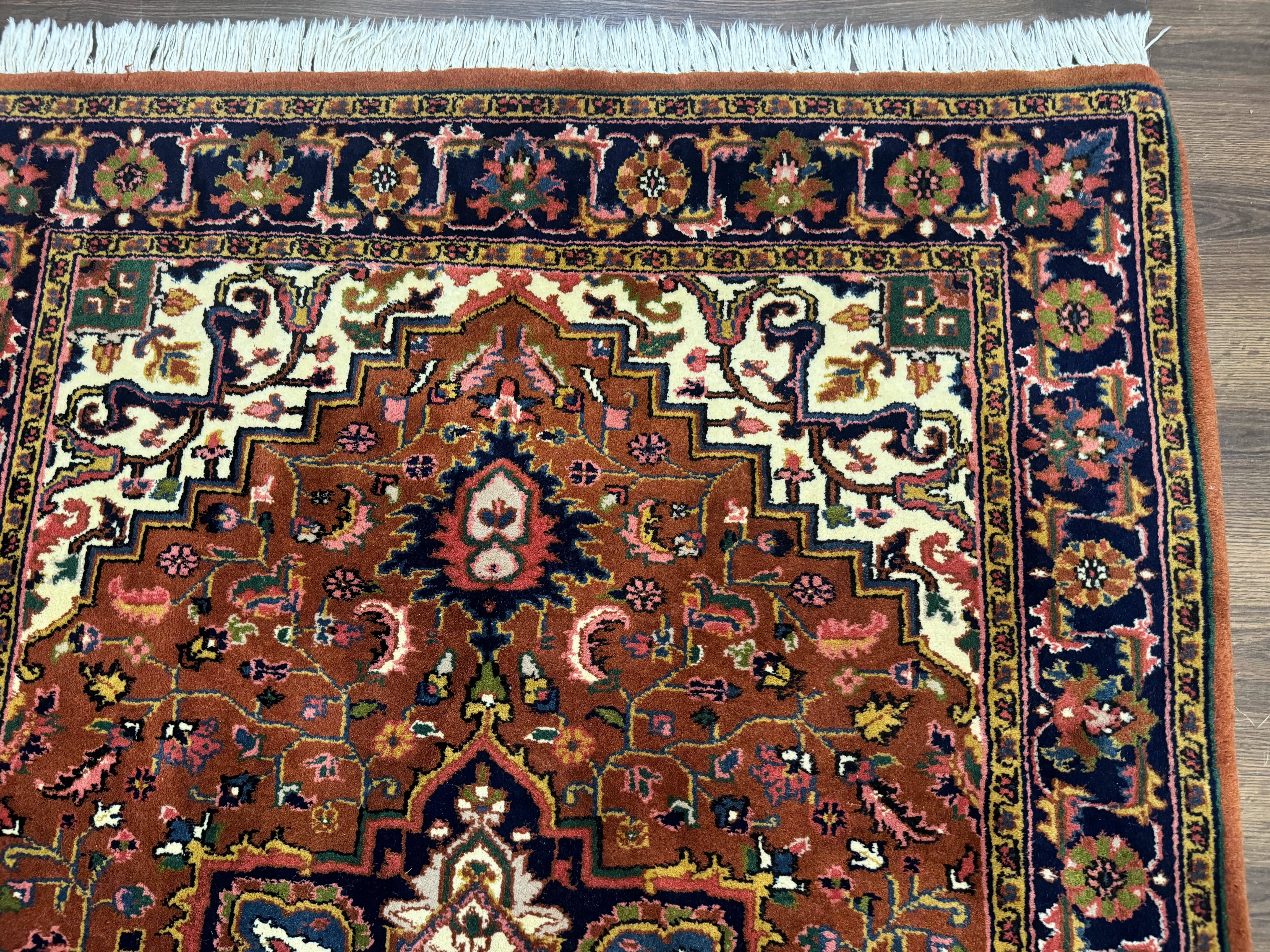 Indo Persian Heriz Rug 4x6, Rust Red Navy Blue and Cream - Jewel Rugs