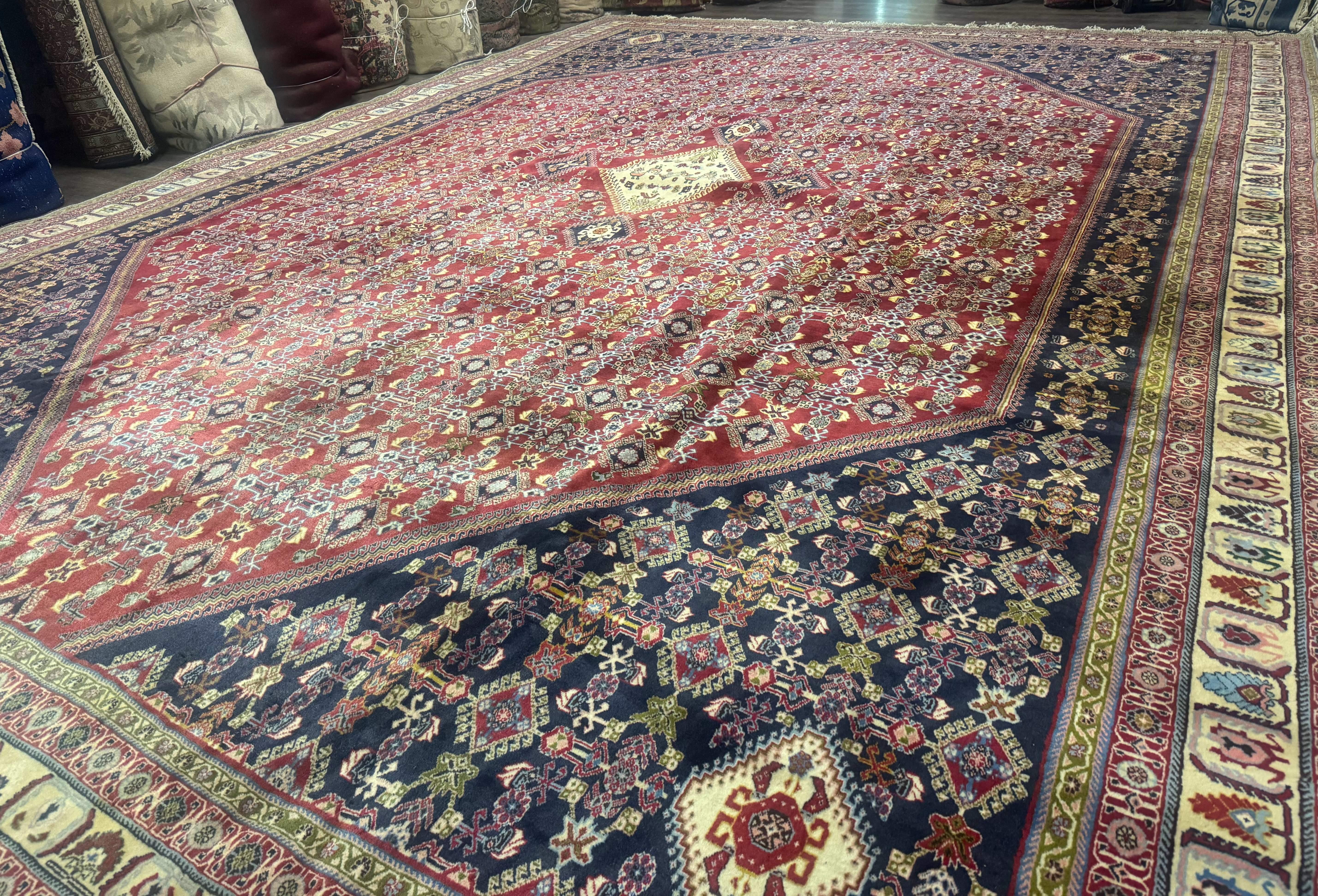 Palace Size Persian Shiraz Rug 13x19, Tribal Rug, Herati Pattern, Brick Red Navy Blue Beige, Oversized Persian Wool Area Rug, Extra Large - Jewel Rugs