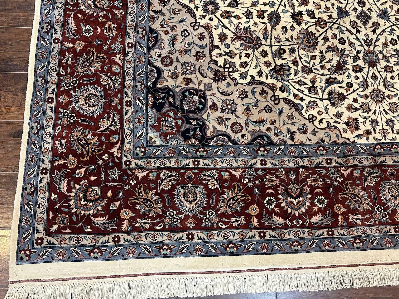 Sino Persian Rug 9x12, Vintage Wool Oriental Carpet, Floral Medallion, Wool Rug, Cream and Maroon - Jewel Rugs