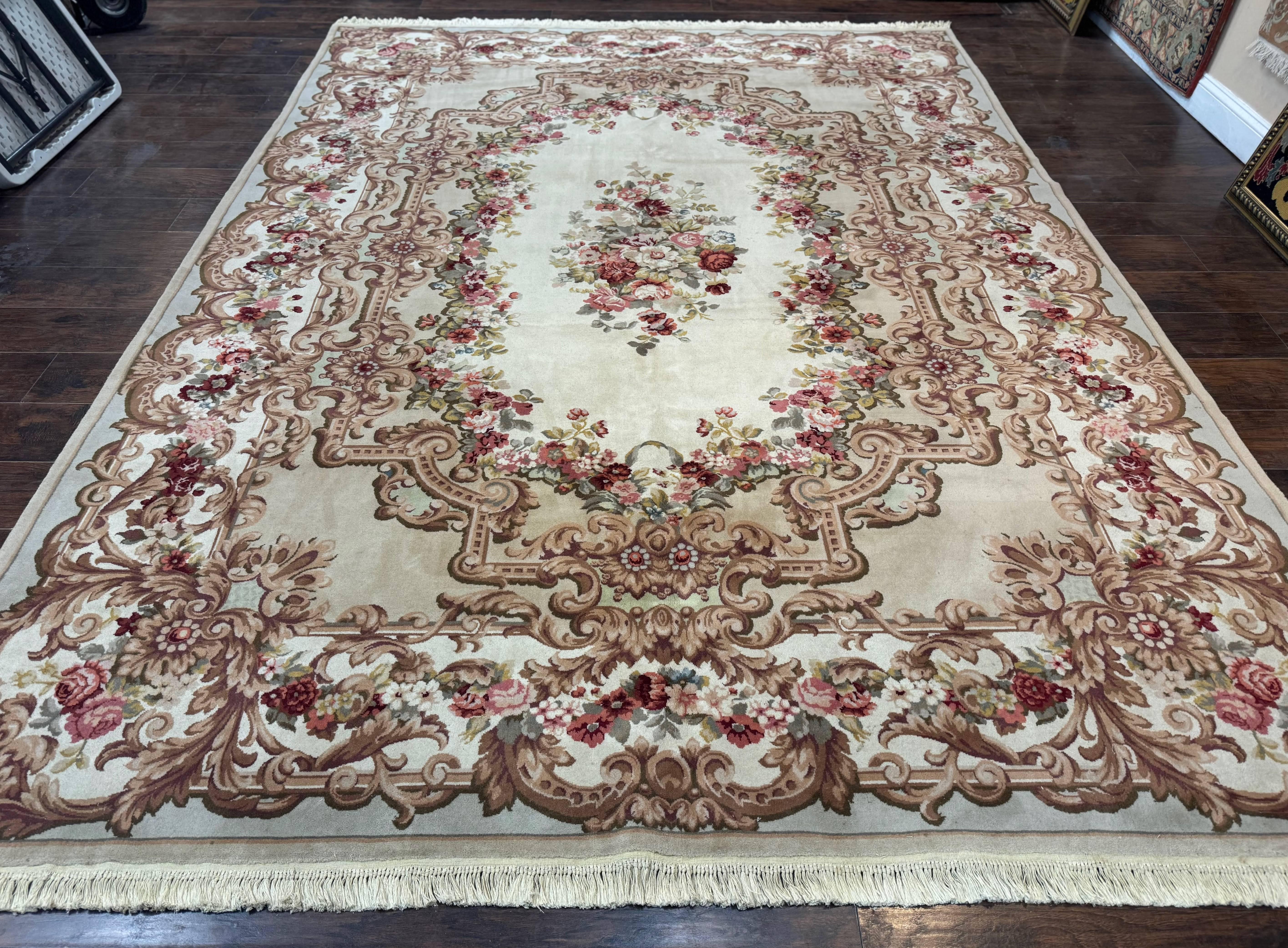 Aubusson Rug 8x12, European French Savonnerie Design, Thick Wool Pile, Elegant Rug, Cream Beige Light Green - Jewel Rugs