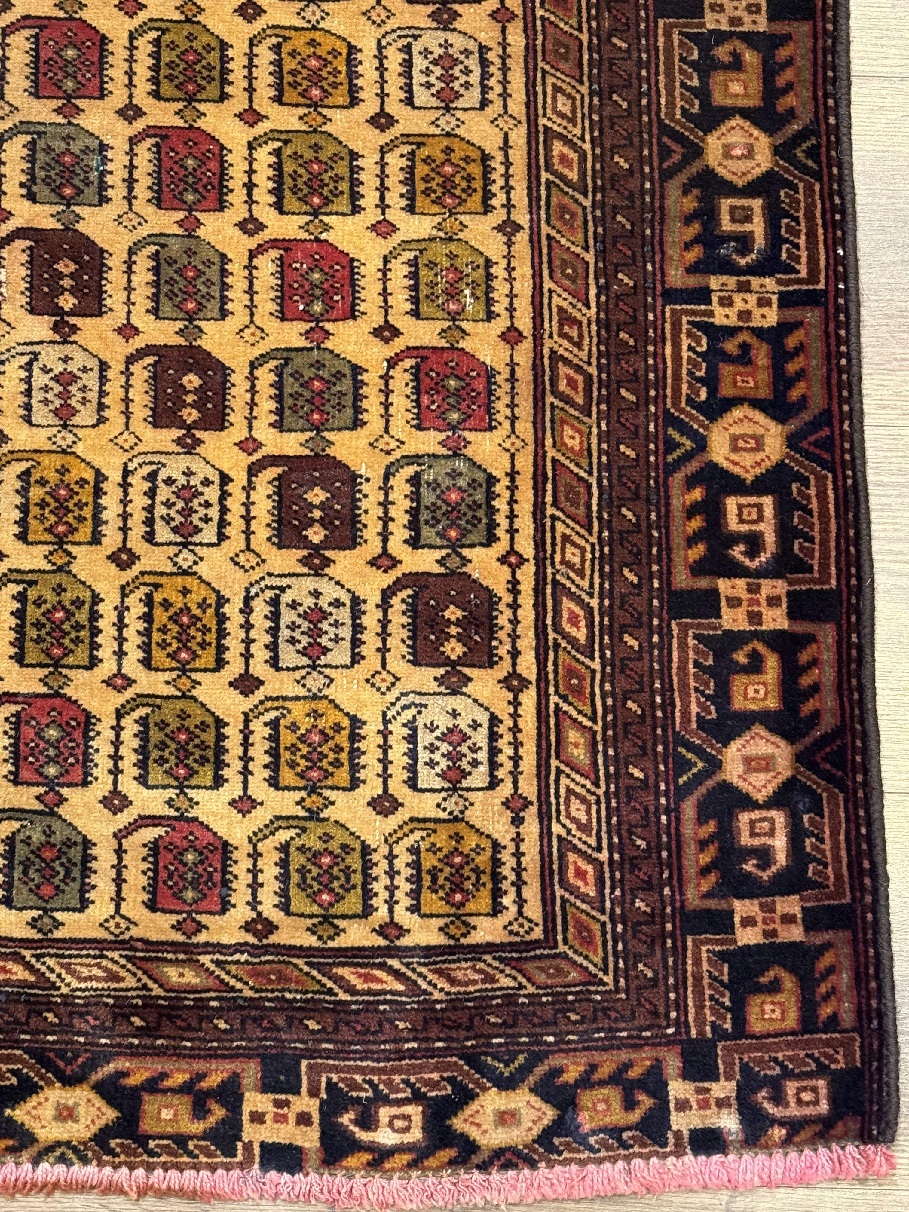 Persian Baluchi Prayer Rug 3x5 – Repeated Boteh Design, Golden-Tan, Handmade Wool Carpet - Jewel Rugs