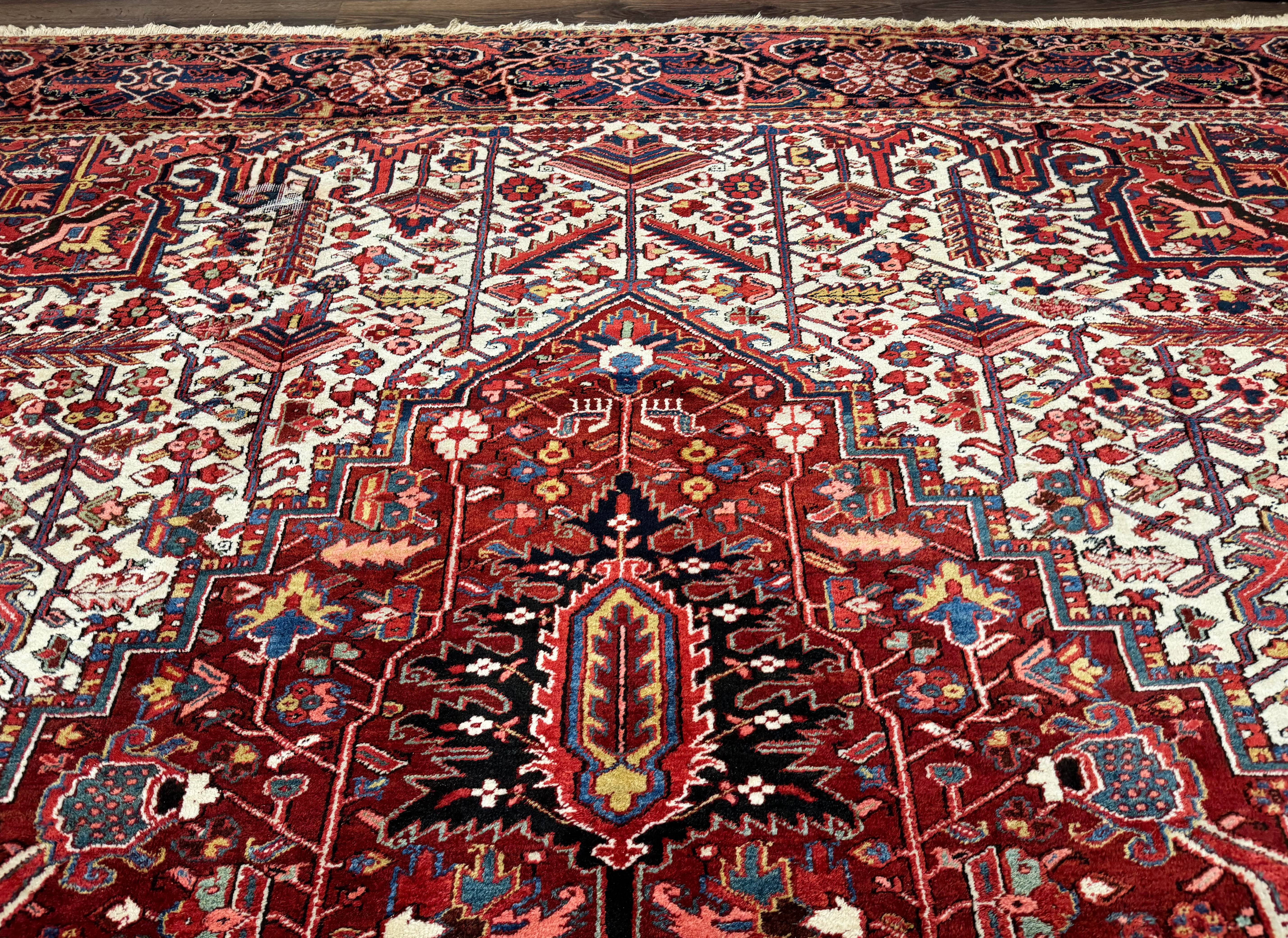 Palace Size Persian Heriz Rug 12x21 Wool Handmade Red Blue Ivory - Jewel Rugs