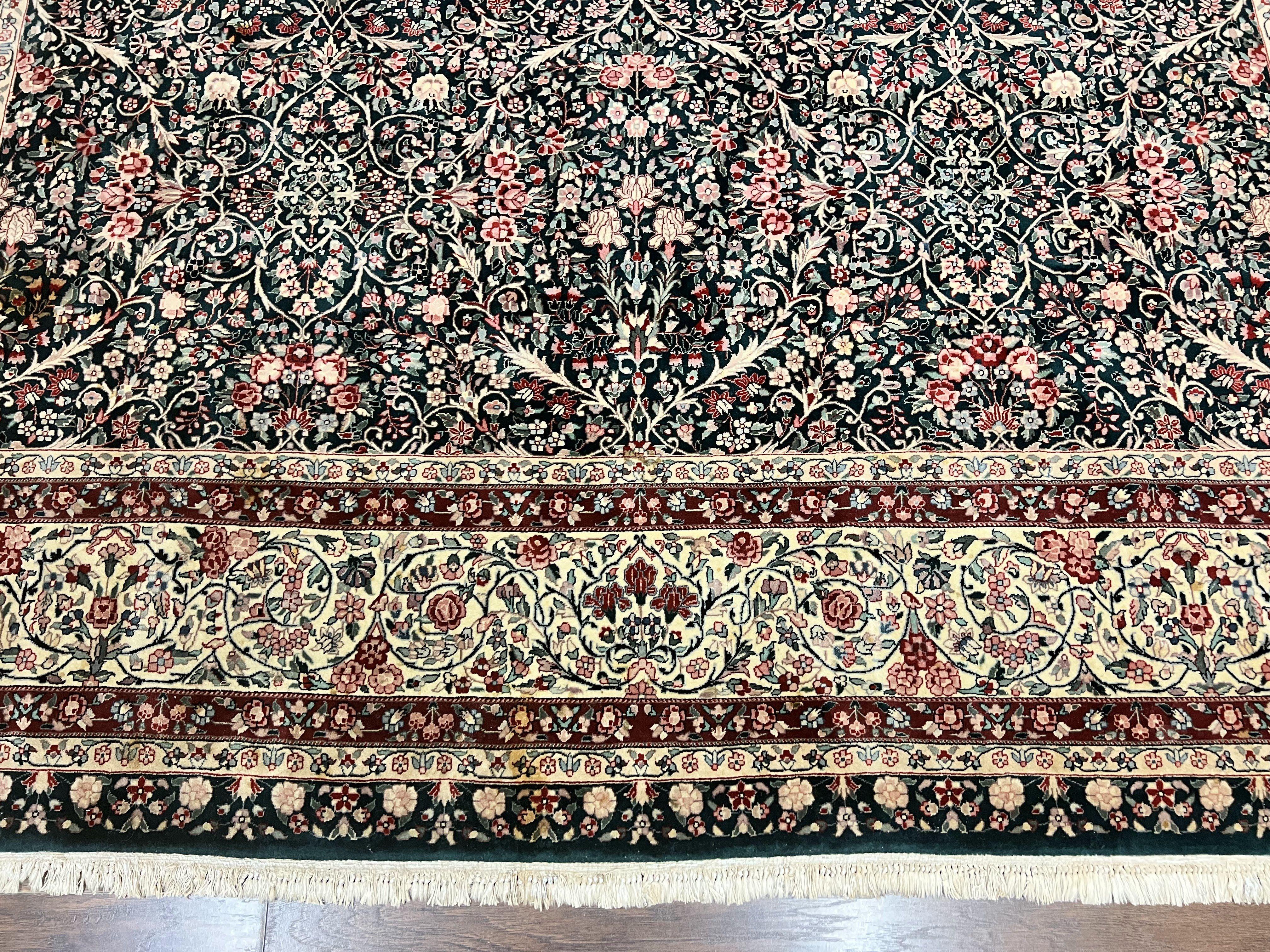 Large Sino Persian Rug 10x14, Wool Hand Knotted Vintage Carpet, Dark Green & Beige, Kirman Floral Rug, Fine Weave, Traditional, Large - Jewel Rugs