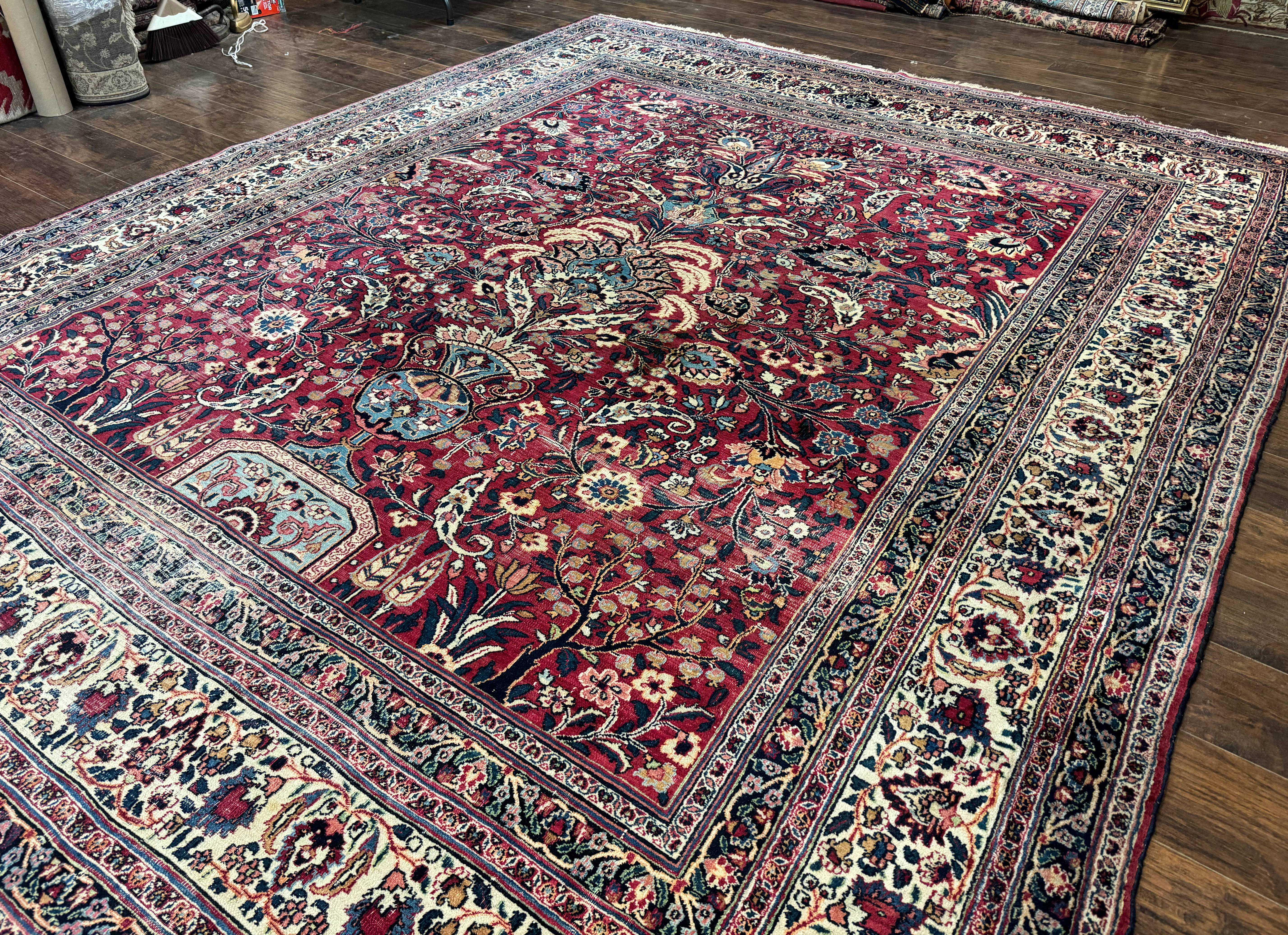 Antique Persian Mashad Rug 10x12, Red and Ivory, Signed by Master Weaver - Jewel Rugs