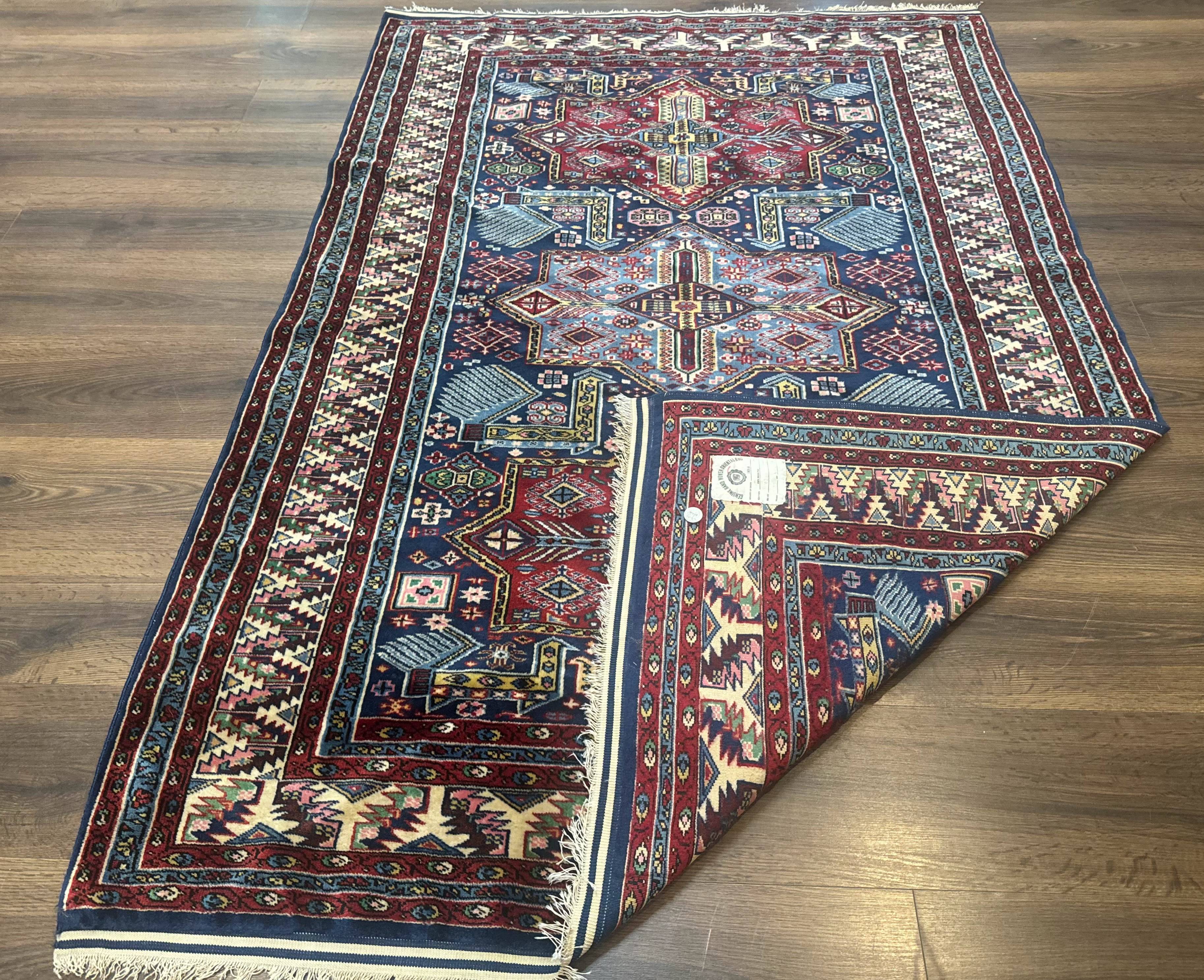 Indian Rug with Caucasian Design, 4x6 Geometric Carpet, Navy Blue and Cream - Jewel Rugs