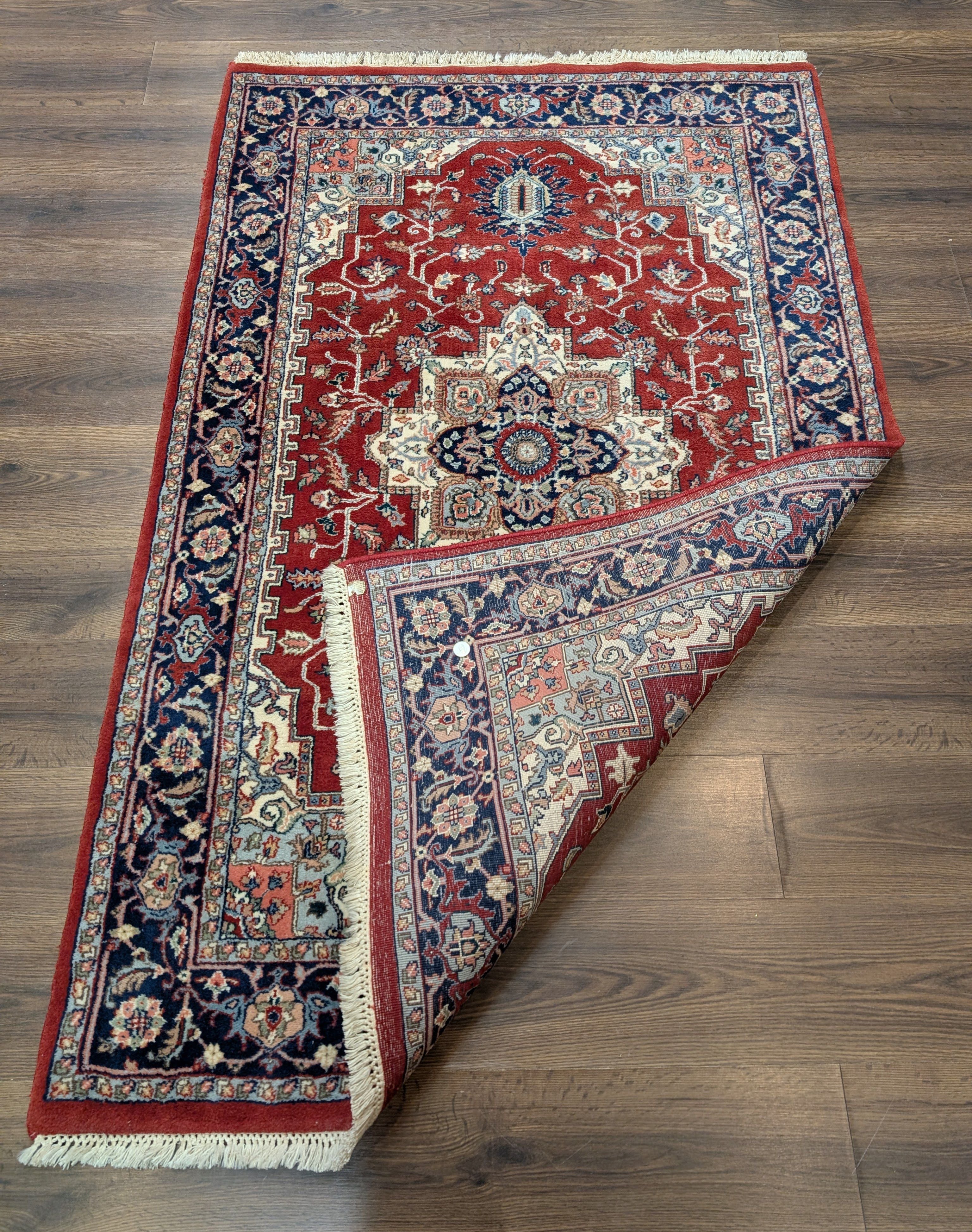 Indo Persian Heriz Rug 4x6, Red and Navy Hand Knotted Traditional Oriental Rug - Jewel Rugs