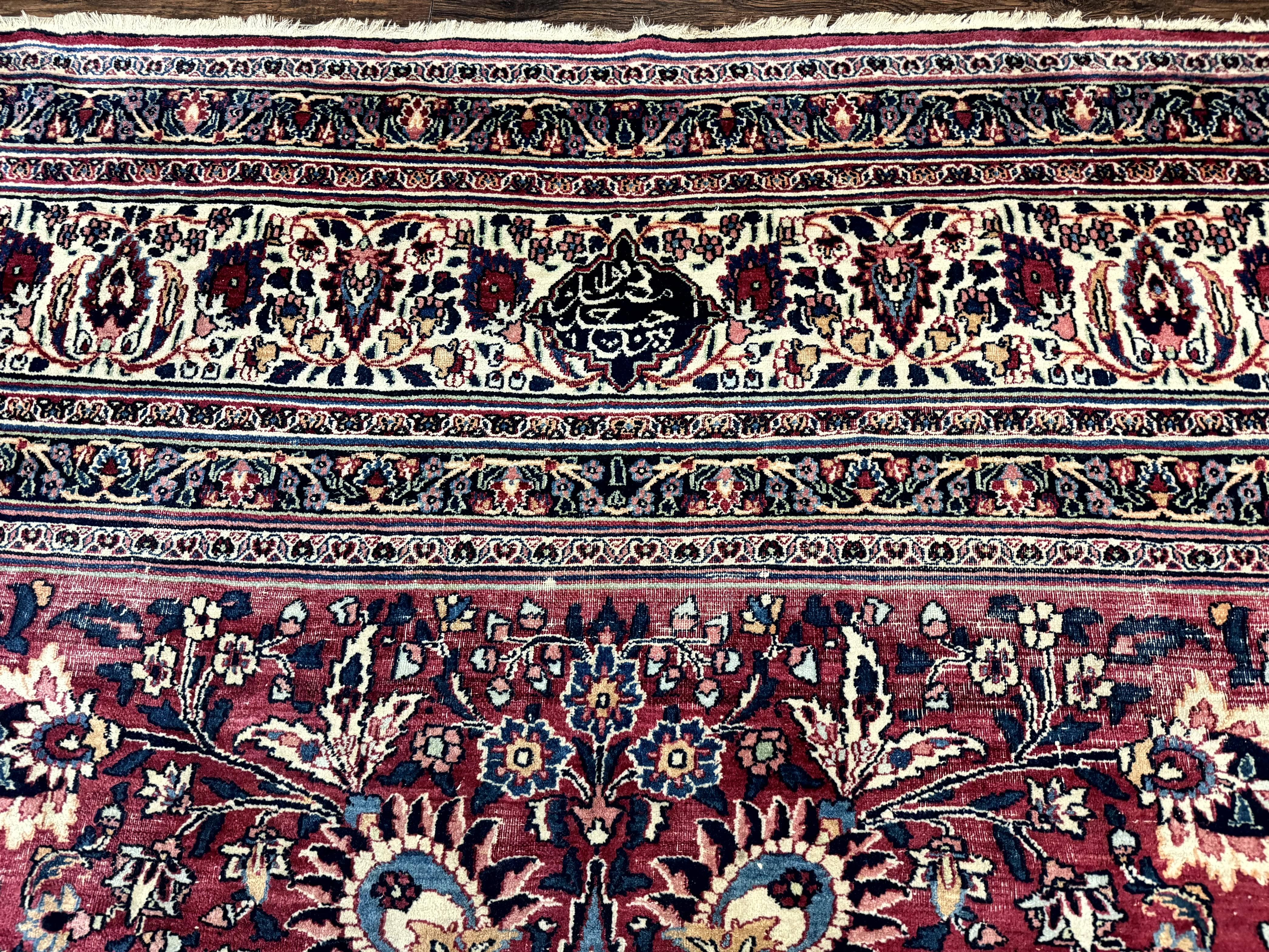 Antique Persian Mashad Rug 10x12, Red and Ivory, Signed by Master Weaver - Jewel Rugs