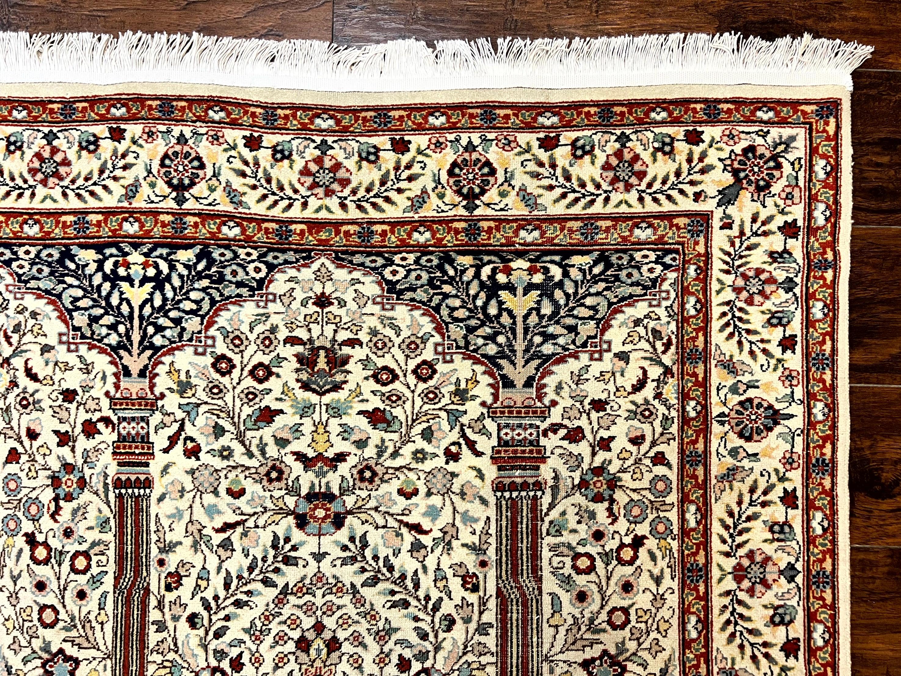 Pak Perisan Prayer Rug 4x6, Tree of LIfe Carpet, Handmade Vintage Wool Rug, Beige, Floral Vases - Jewel Rugs