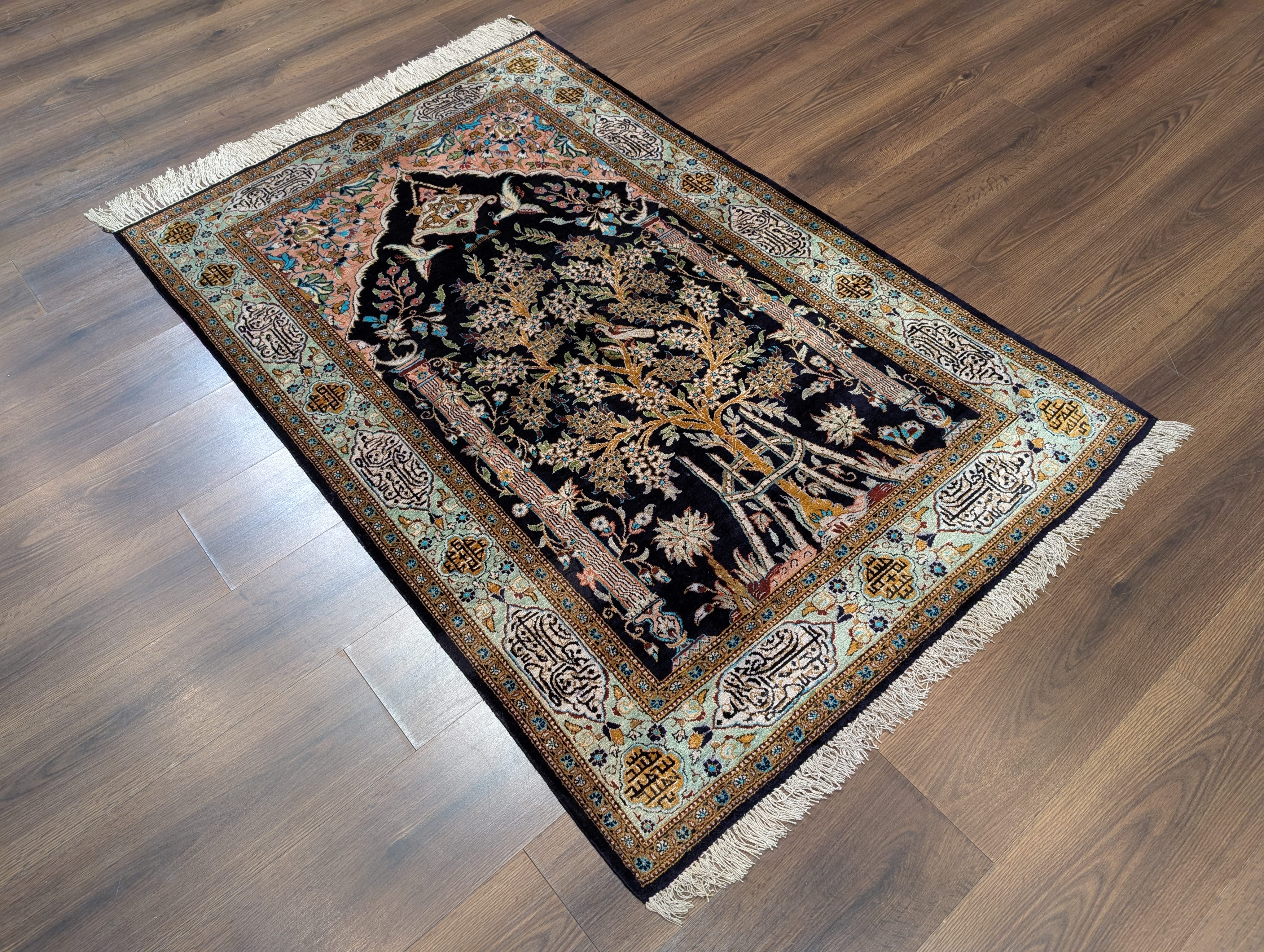Wonderful Silk Persian Rug 4x5, Tree of Life Carpet, Qum Rug, Prayer Rug, Bird Pictorials - Jewel Rugs