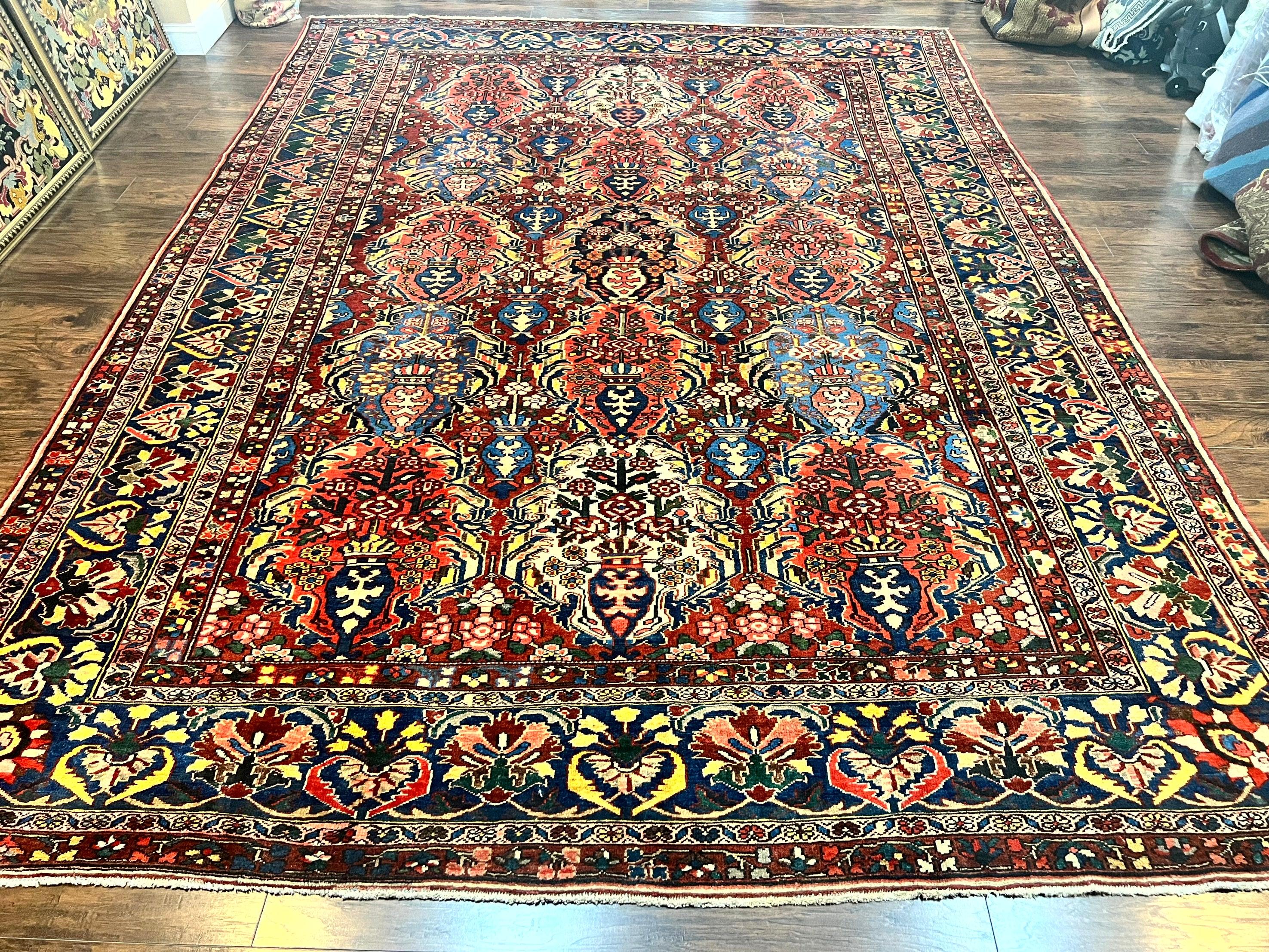 Large Persian Bakhtiari Rug 10x14, Rare Perisan Tribal Rug, Red Blue Ivory Multicolor, Hand Knotted, Semi Antique Carpet - Jewel Rugs