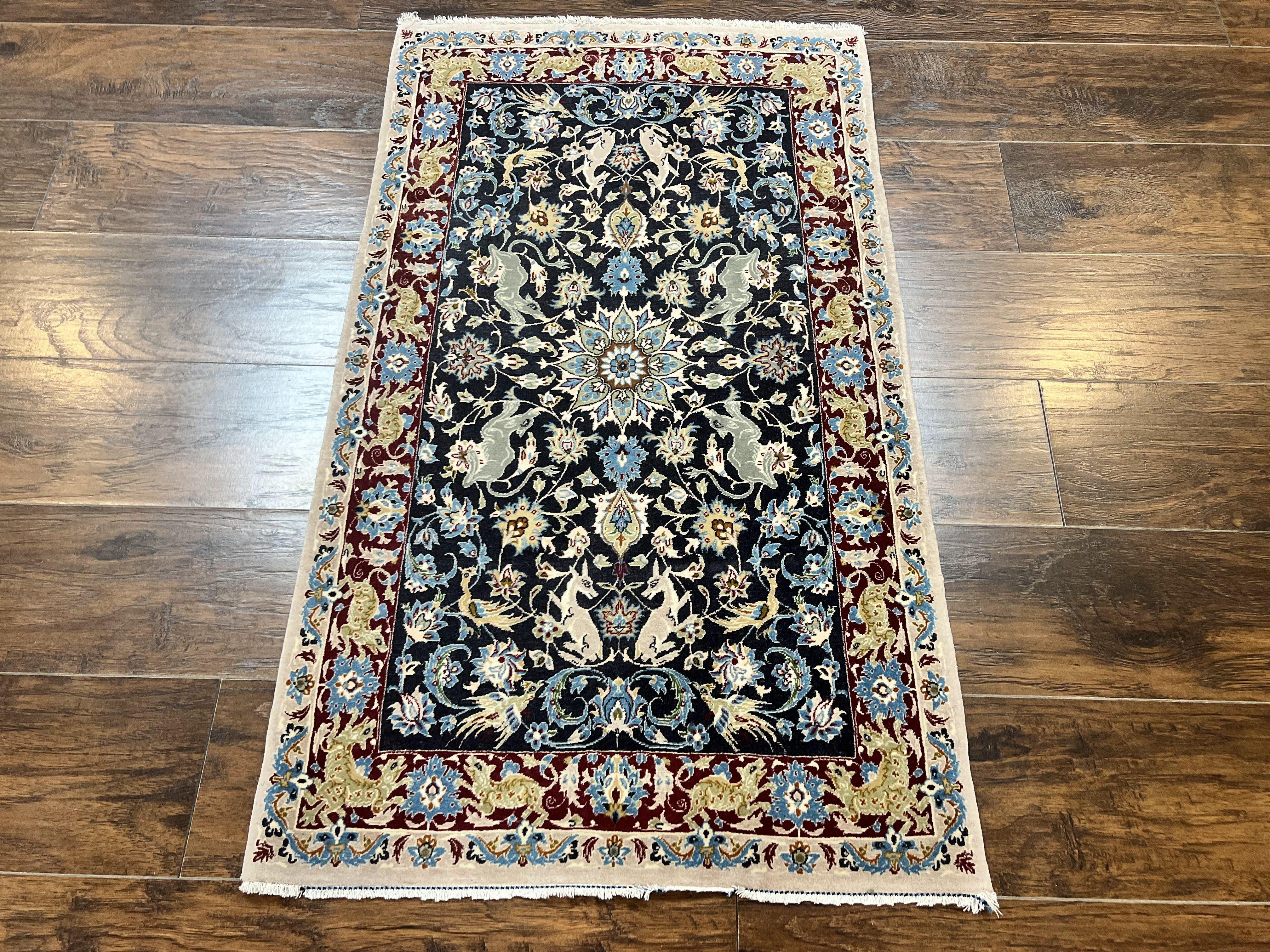 Wonderful Persian Isfahan Rug 2.4 x 4, Animal Pictorials Deer, Floral, Handmade Vintage Navy Blue Small Persian Carpet, Very Fine 430 KPSI Kork Wool - Jewel Rugs