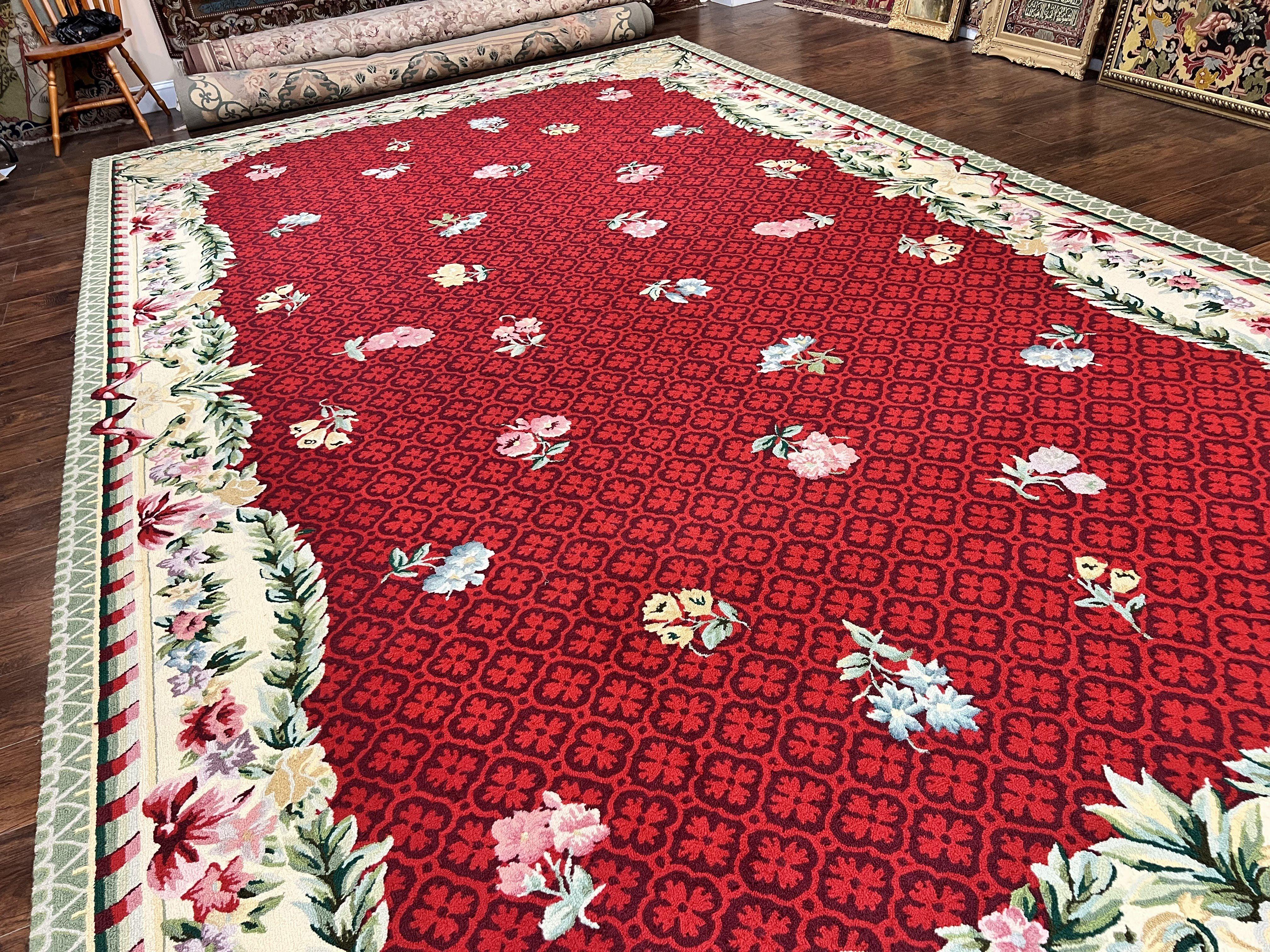Vintage Stark Rug 10x17, Stark Carpet 10 x 17, Hooked Rug, Aubusson French European Design, Red, Elegant, Wool Palace Sized Rug - Jewel Rugs