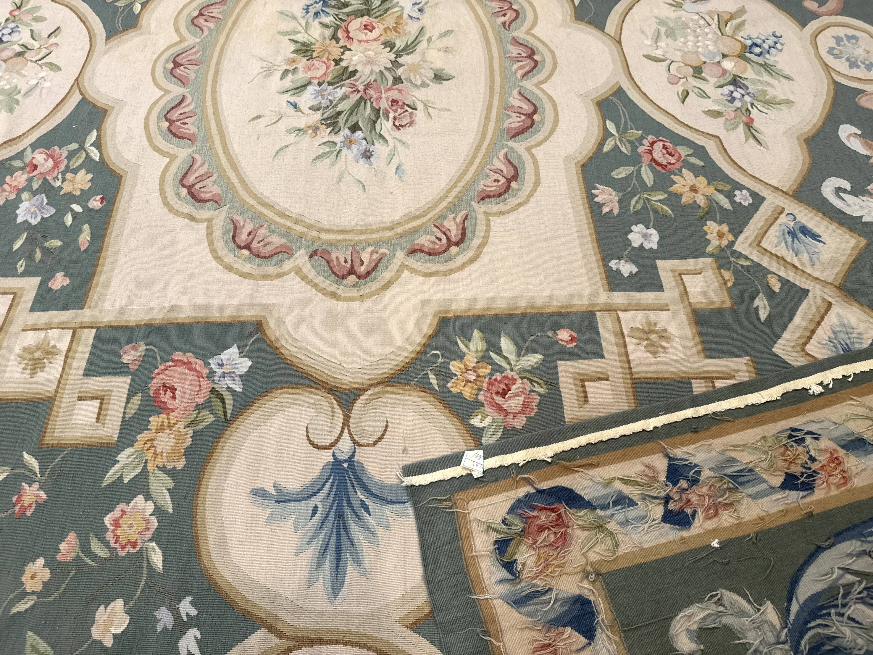 Aubusson Rug 9x12, Muted Sage Green and Cream, European Design - Jewel Rugs