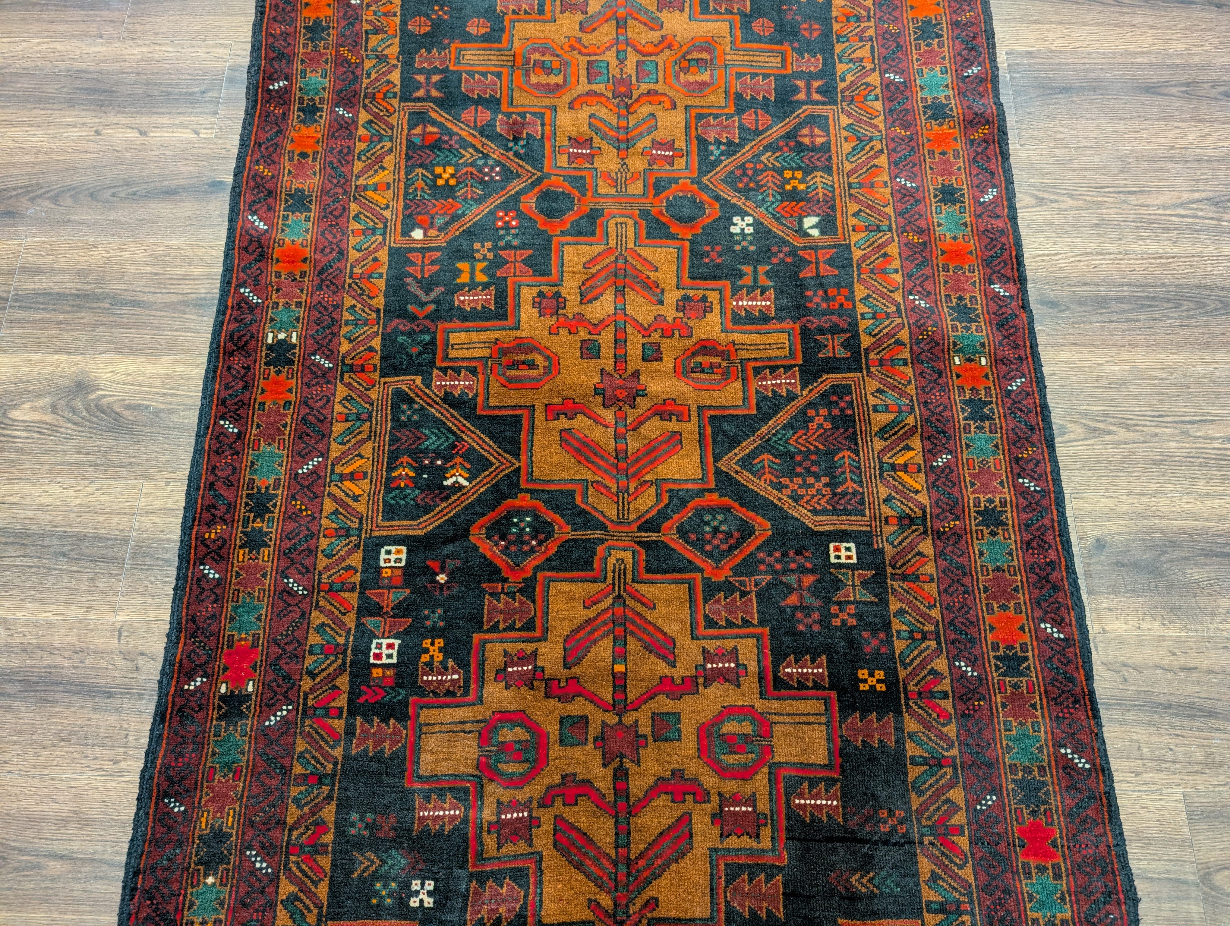 Afghan Baluch Rug 4x6, Tribal, Geometric, Unique Colors, Triple Medallions, Wool, New - Jewel Rugs