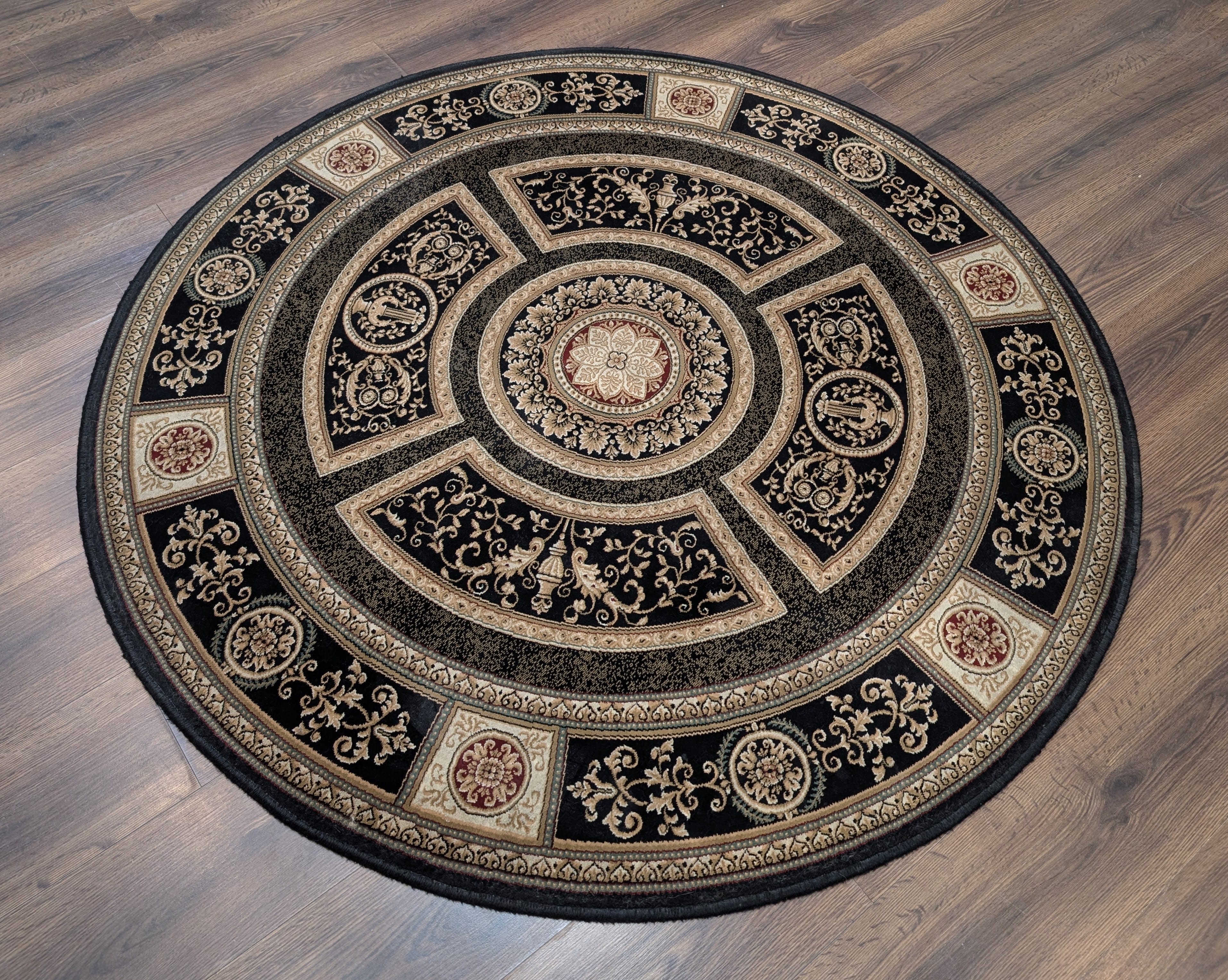Round Aubusson Rug 5x5 ft, Black, Savonnerie, French Design - Jewel Rugs