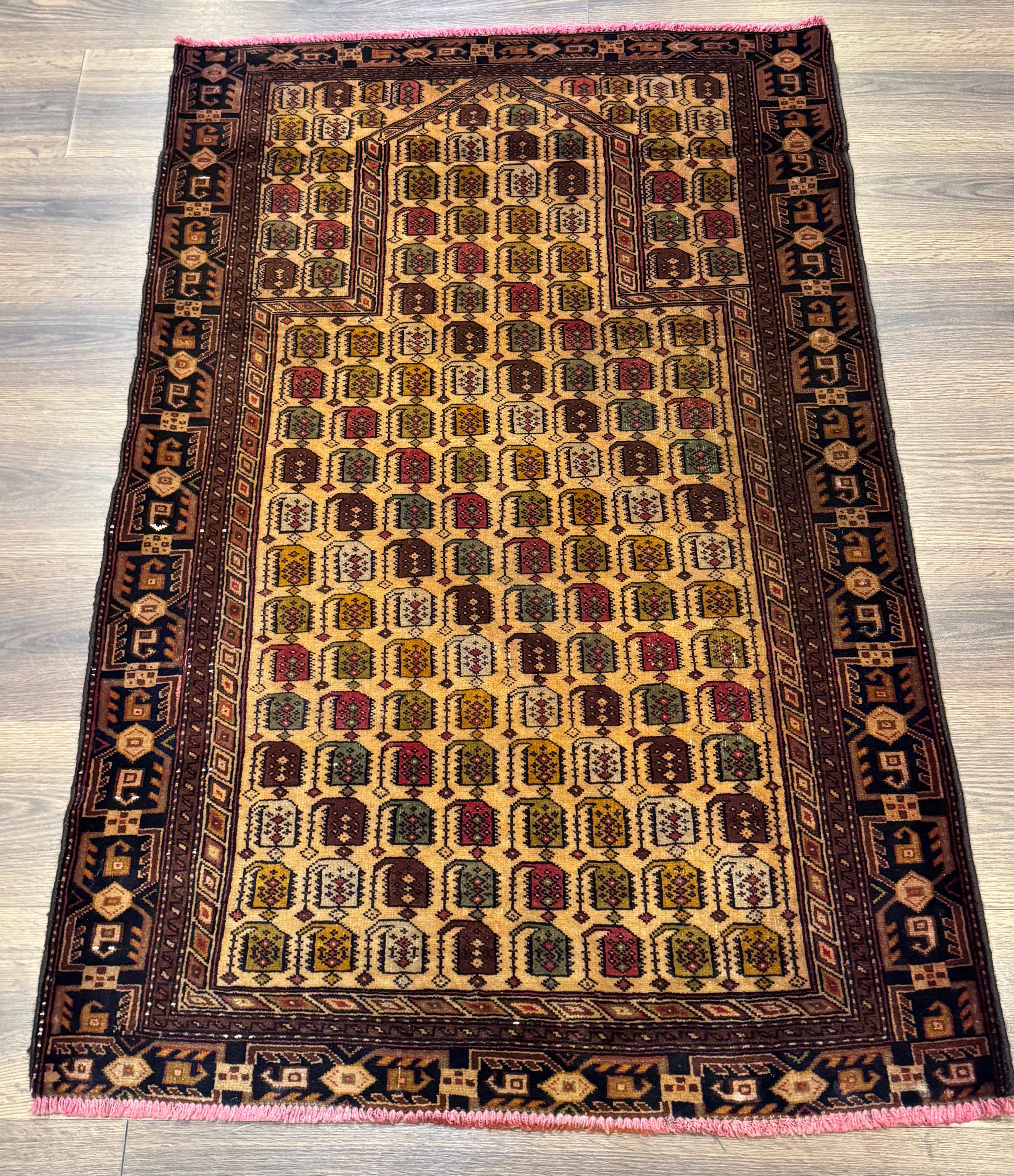 Persian Baluchi Prayer Rug 3x5 – Repeated Boteh Design, Golden-Tan, Handmade Wool Carpet - Jewel Rugs