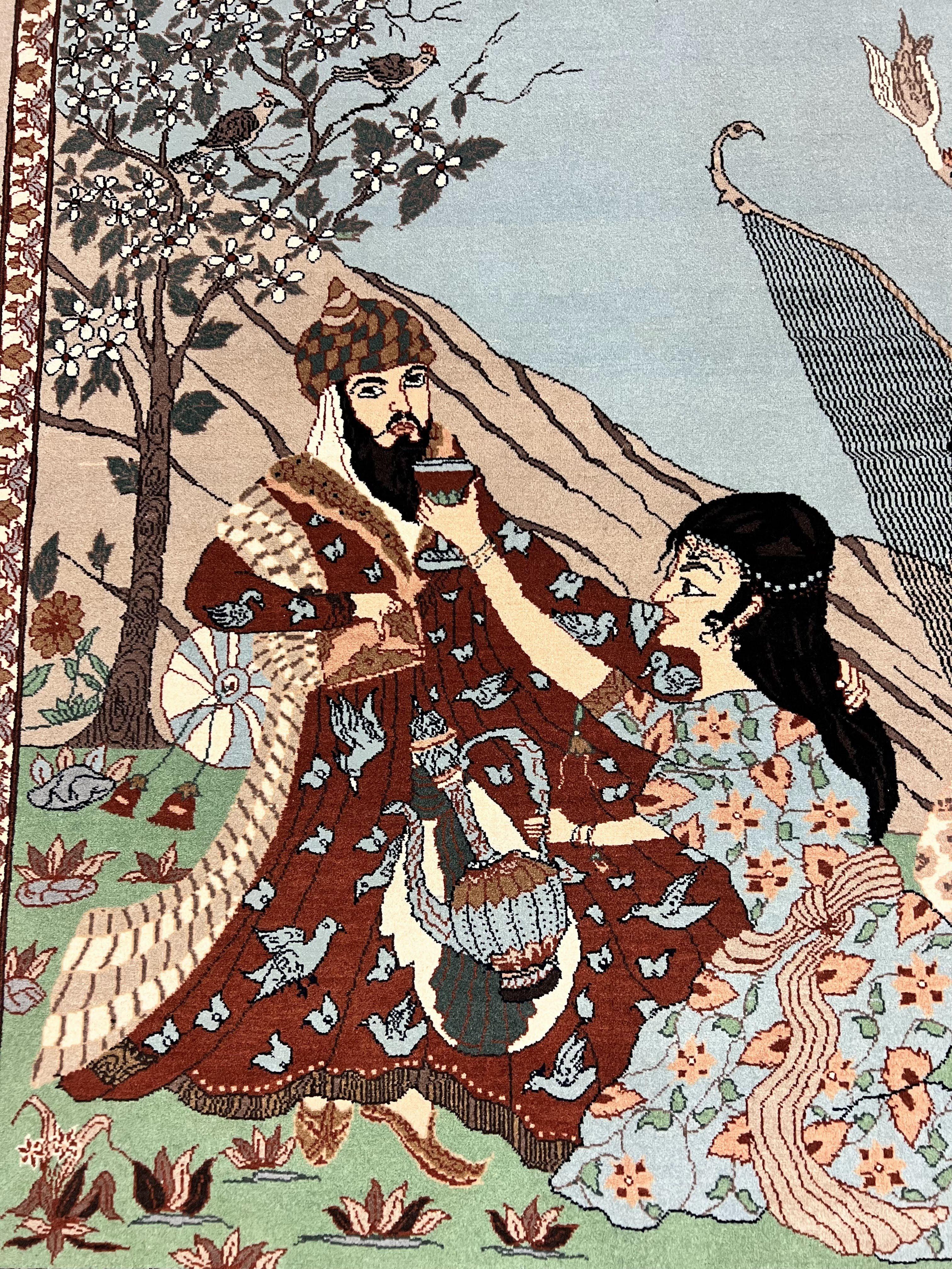 Indo Persian Pictorial Rug 4x7, Handmade Hand Knotted Wool Semi Antique Horizontal Carpet, Men & Women Drinking, Fine Rug, Bird Pictorials - Jewel Rugs