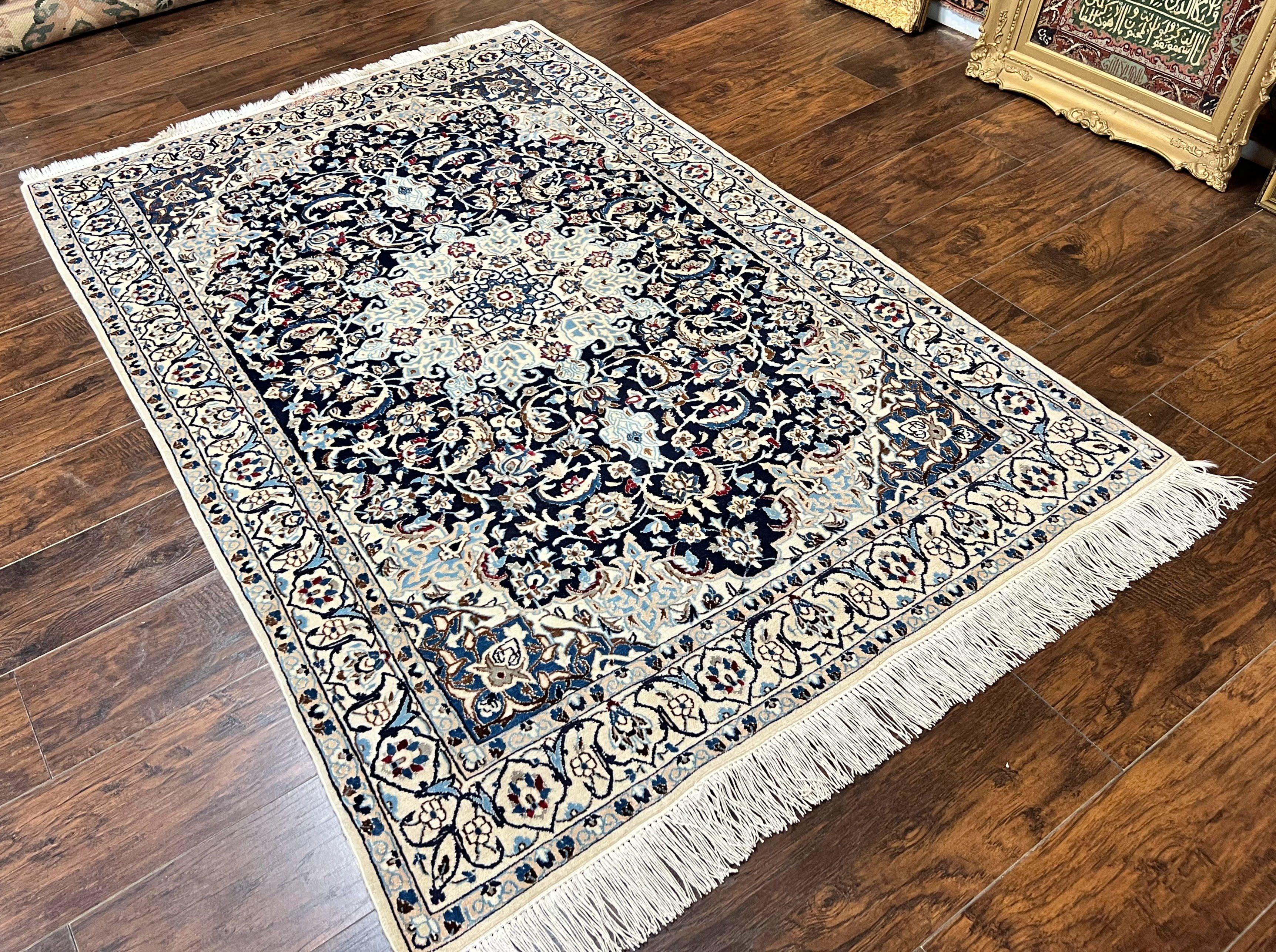 Persian Nain Rug 4x6, Floral, Hand Knotted Vintage Wool & Silk Highlights, Signature from Masterweaver, Navy Blue and Ivory - Jewel Rugs