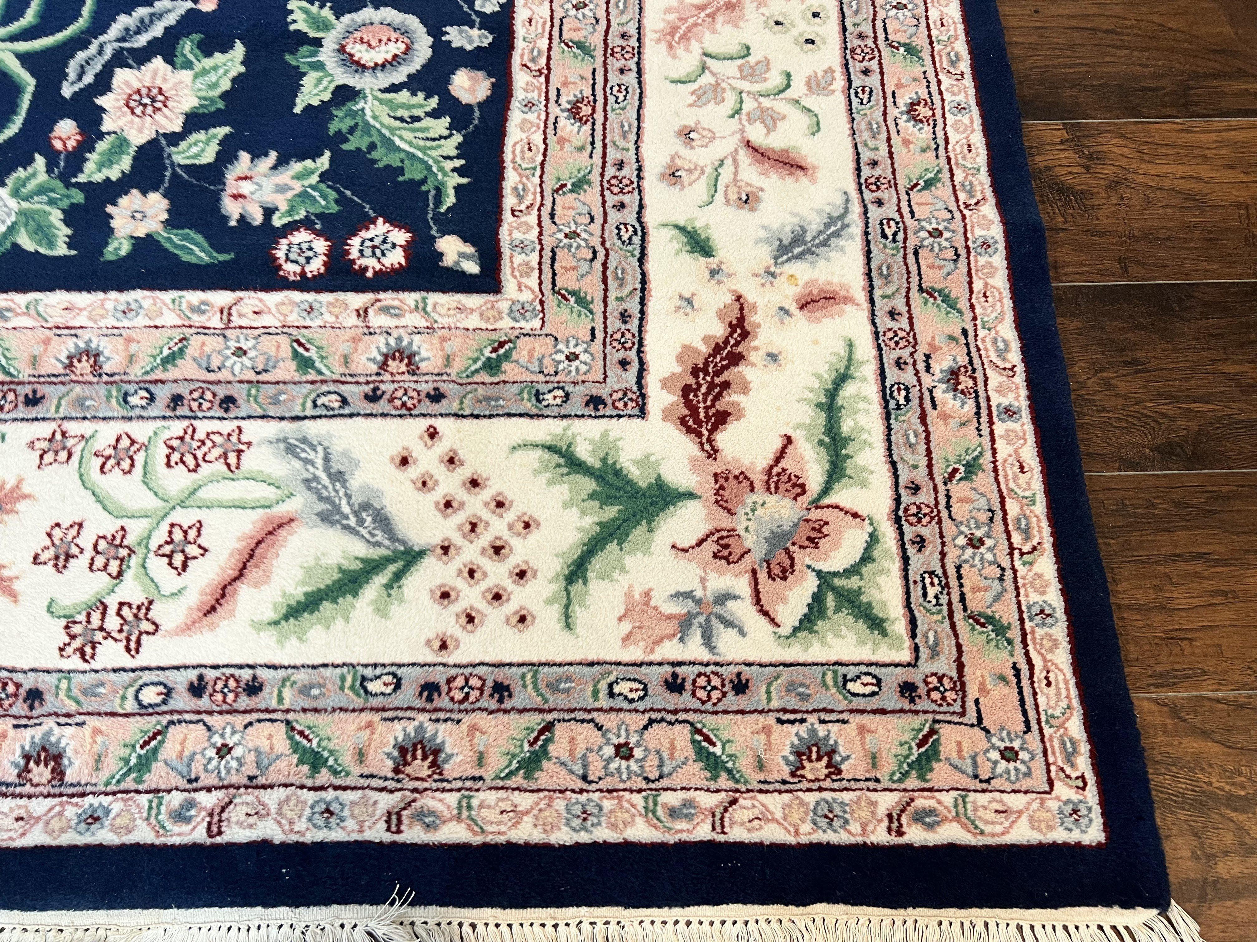 Indo Persian Rug 9x12, Wool Hand Knotted Vintage Carpet, Navy Blue & Ivory, Floral Allover Oriental Rug, 9 x 12 Room Sized Traditional Rug - Jewel Rugs