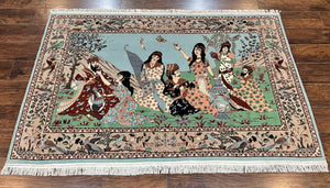 Indo Persian Pictorial Rug 4x7, Handmade Hand Knotted Wool Semi Antique Horizontal Carpet, Men & Women Drinking, Fine Rug, Bird Pictorials