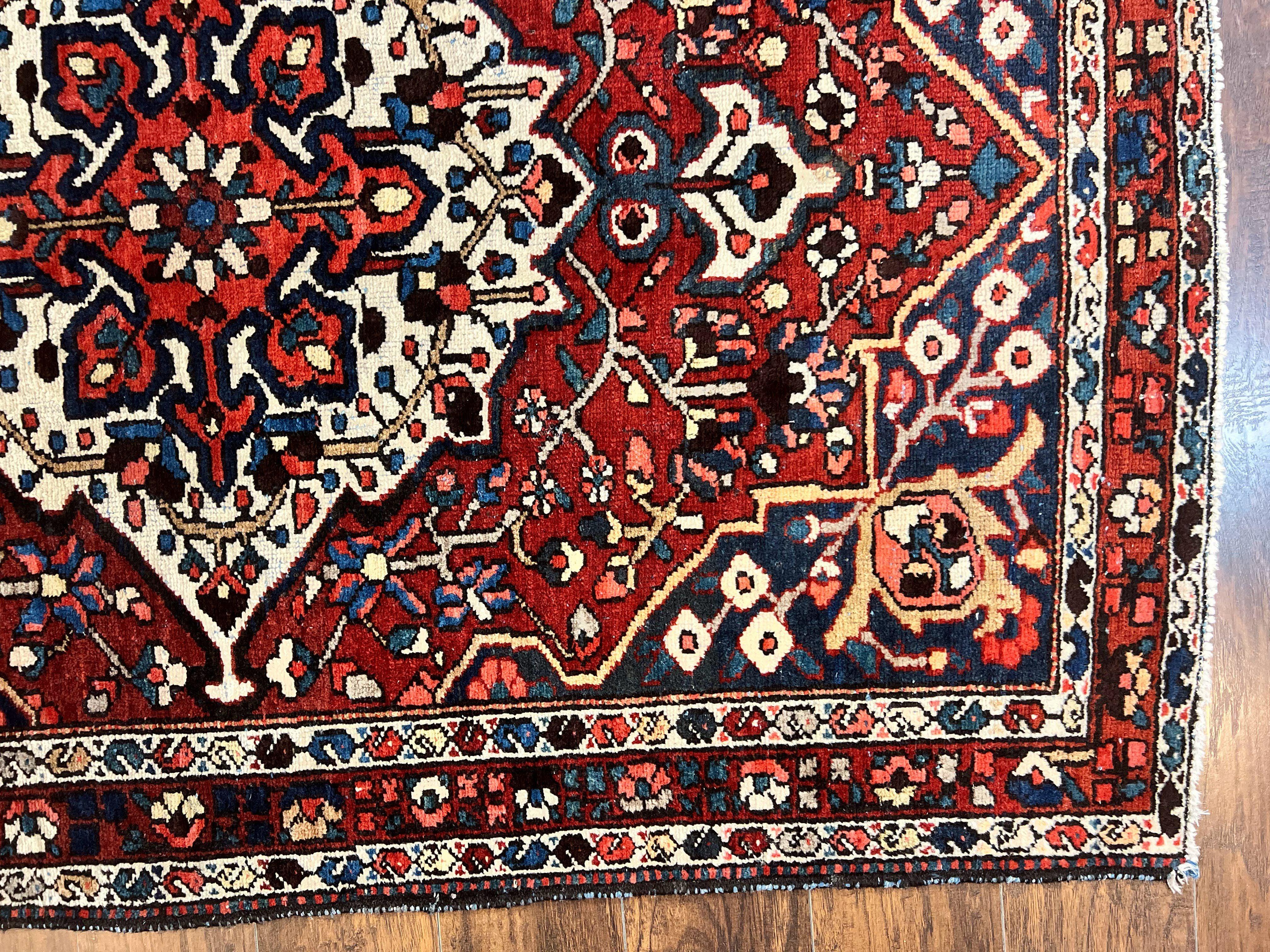 Persian Bakhtiari Rug 5 x 6.6, Tribal Geometric Carpet, Red Ivory, Handmade Wool Medium Sized Oriental Rug, Semi Antique Vintage - Jewel Rugs