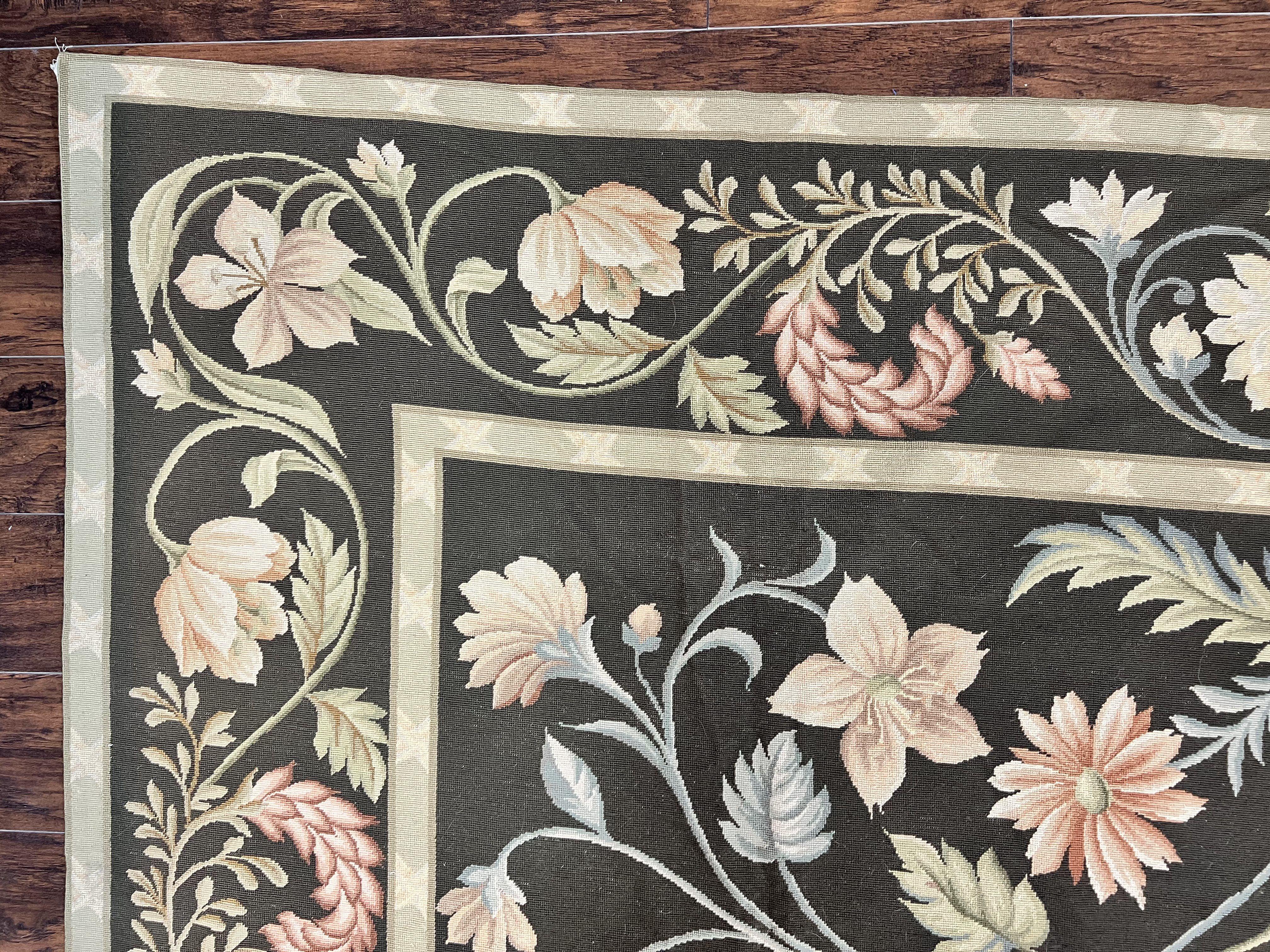 Large Needlepoint Rug 11x16, Dark Green Floral Elegant European Design Vintage Wool Handmade Carpet, Palace Size Rug - Jewel Rugs