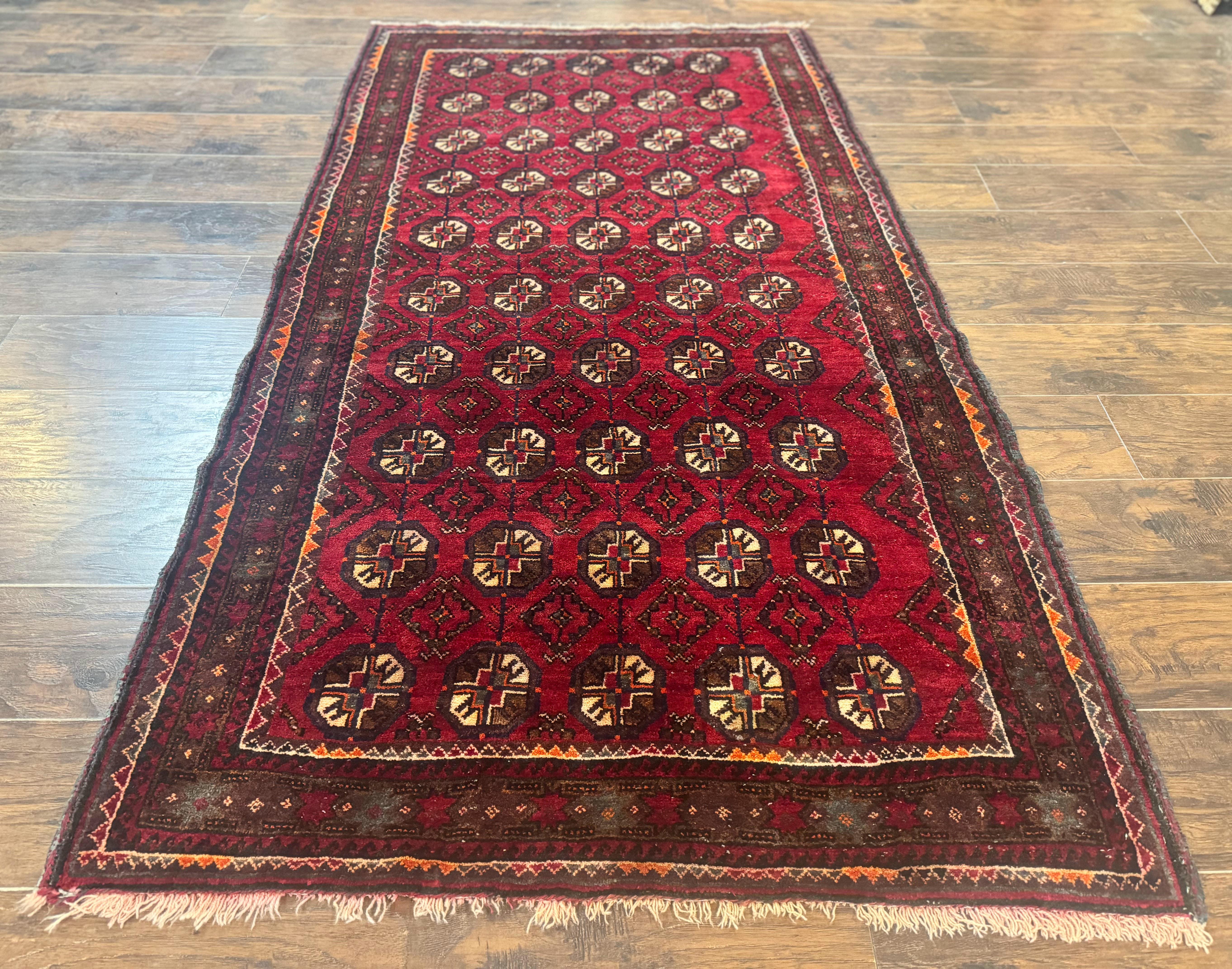 Persian Turkoman Tribal Rug 4x8, Handmade Vintage Wool Carpet, Red, Bohemian Rug - Jewel Rugs